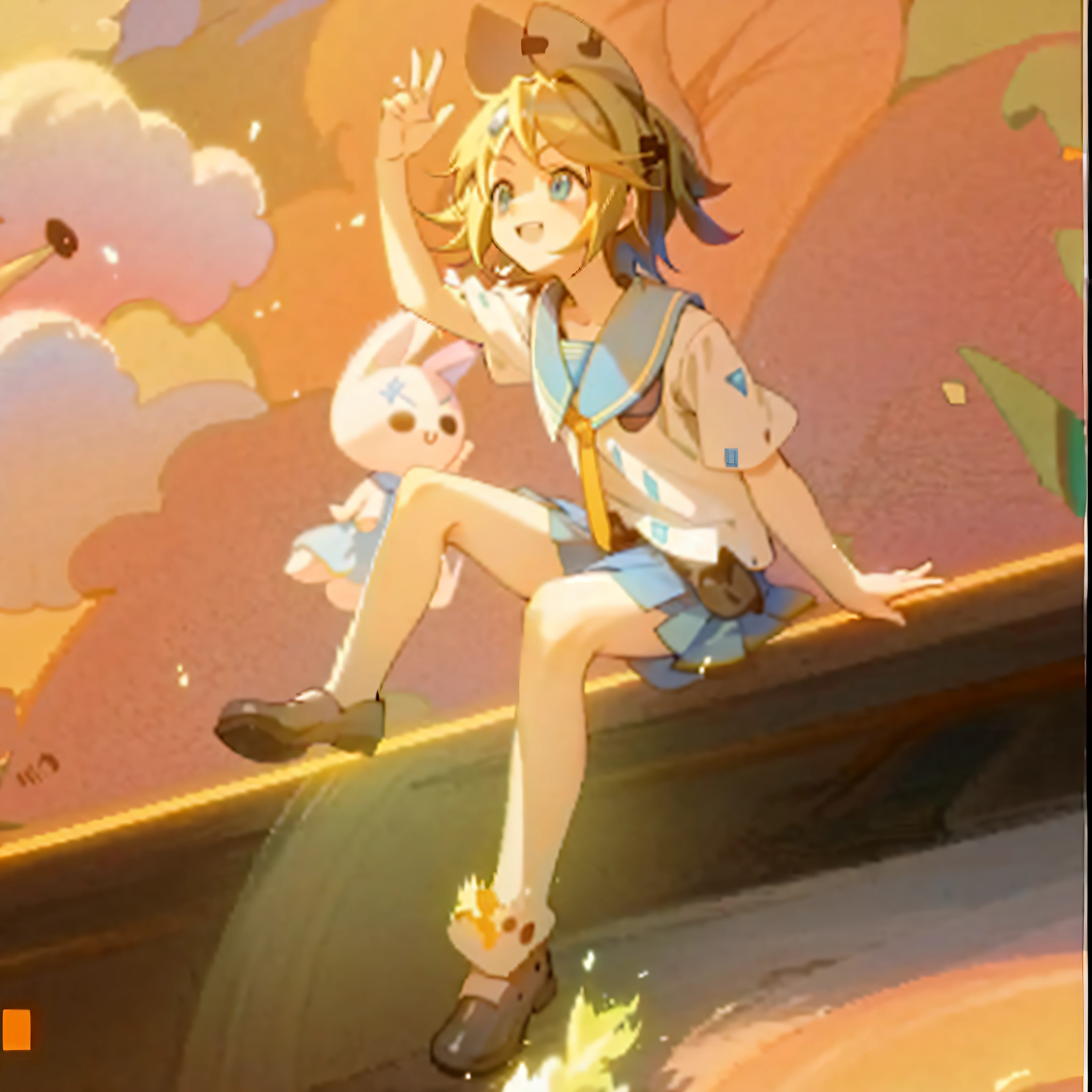 Anime girl sitting on ledge，There are plush toys, Kagamine too, Guviz-style artwork, Guviz, WLOP and Sakimichan, Splash art anime Loli, screenshot from the anime film, made with anime painter studio, Also, Loli, drawn in anime painter studio, cute character, trending on cgstation，The wind blows the hair，The wind blows up clothes，the wind blowing up the skirt，Happy expression，