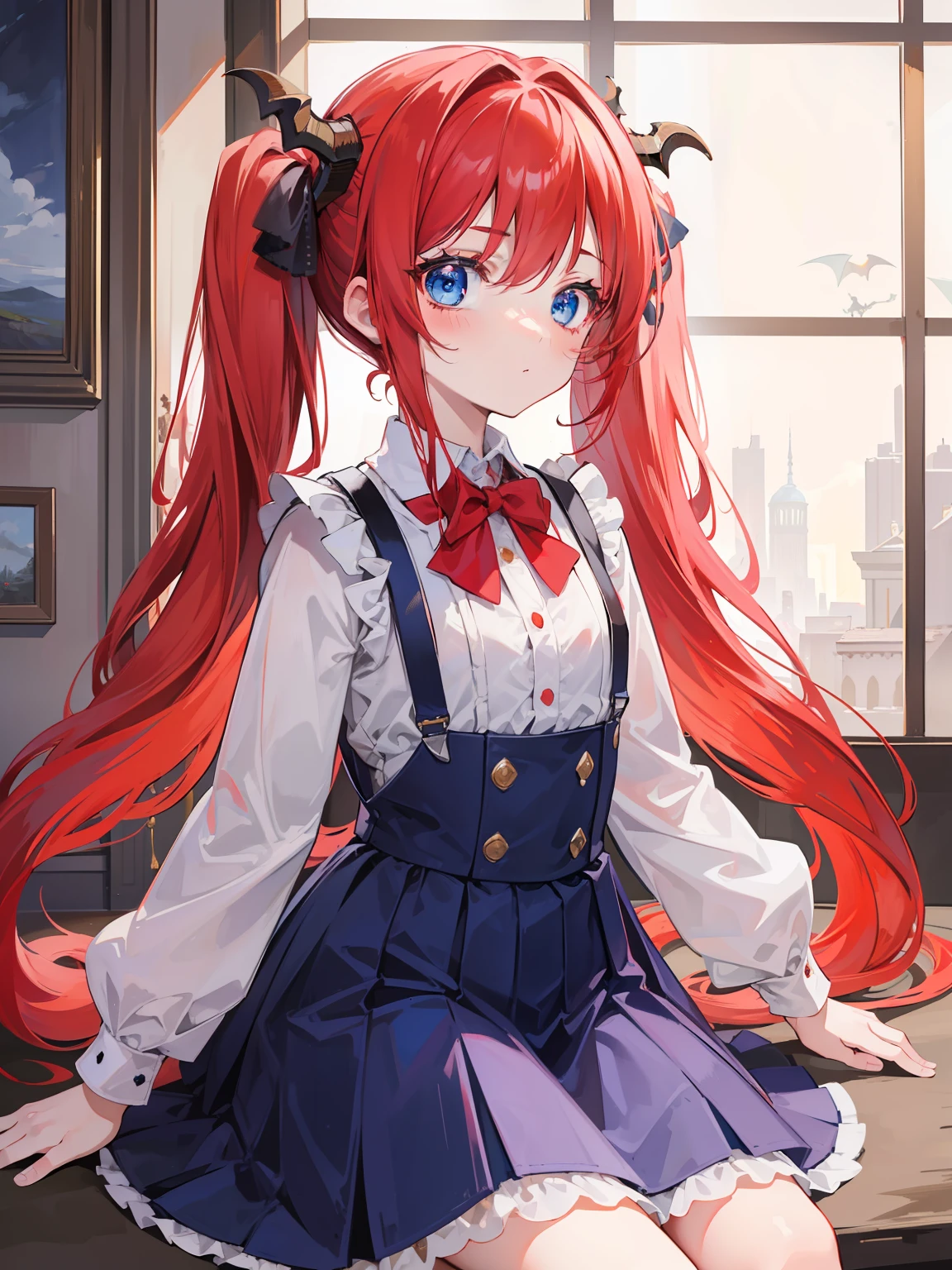 {{best quality}}, {{masterpiece}}, {{ultra-detailed}}, {illustration}, {detailed light}, red hair,blue eyes,twintails,lolita,Suspenders skirt,Fantastic,loli,solo,Dragon horns,little girl,long hair