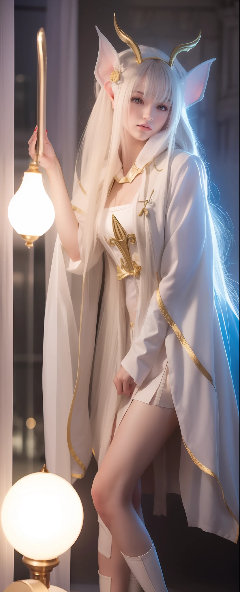 Moulded characteristic standing position
Soft natural light，cinematric light， Side lights
Elf ears
The hood bow is seductive and energetic，Blurred，Extinction，Moving，seductiv，Gold-rimmed white coat，blackstockings