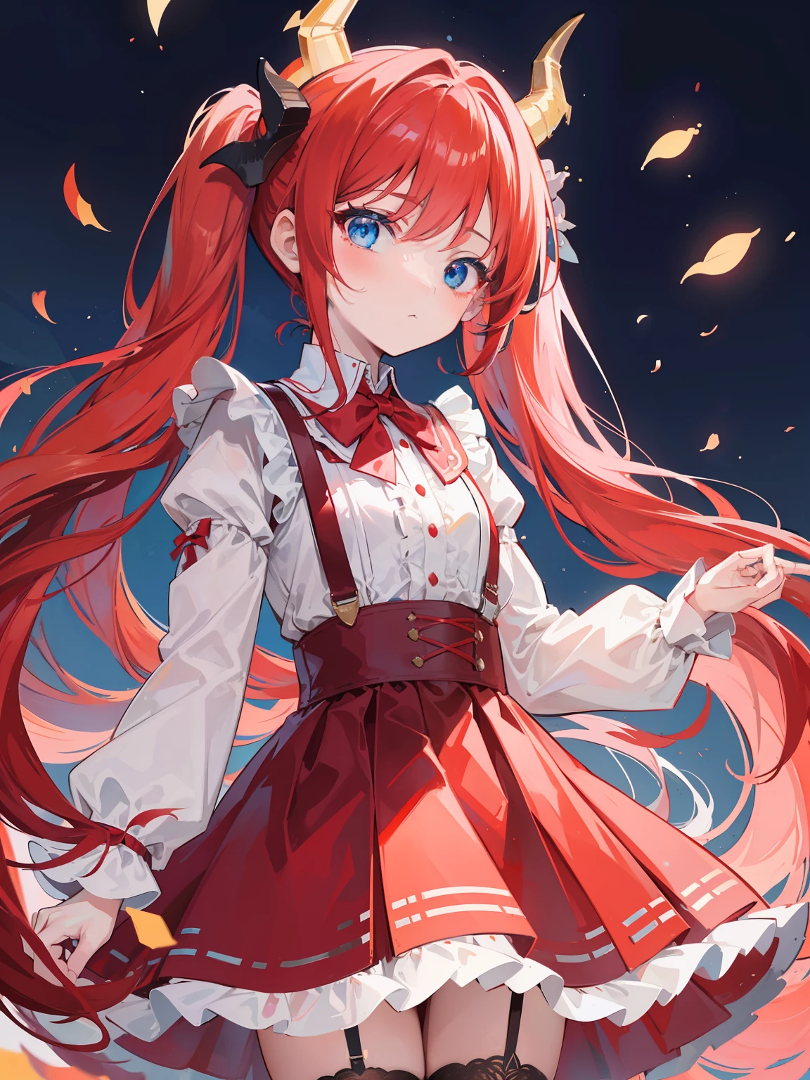 {{best quality}}, {{masterpiece}}, {{ultra-detailed}}, {illustration}, {detailed light}, red hair,blue eyes,twintails,lolita,Suspenders skirt,Fantastic,loli,solo,Dragon horns,little girl,long hair