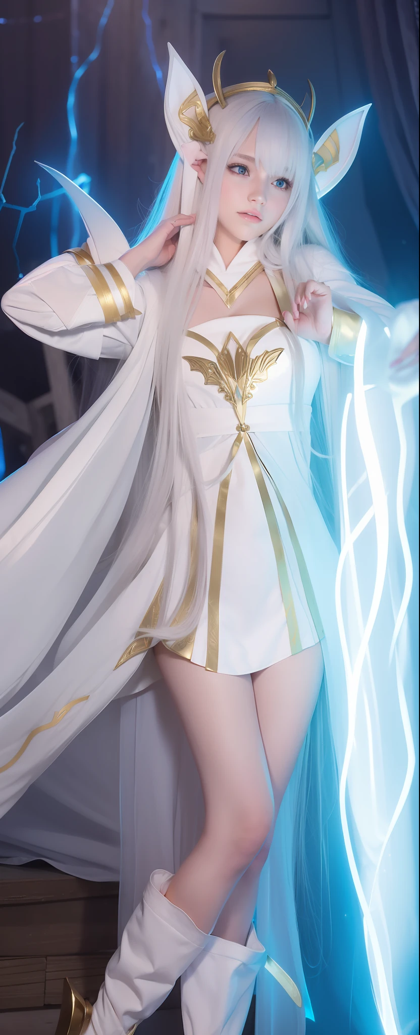 Moulded characteristic standing position
Soft natural light，cinematric light， Side lights
Elf ears
The hood bow is seductive and energetic，Blurred，Extinction，Moving，seductiv，Gold-rimmed white coat，blackstockings