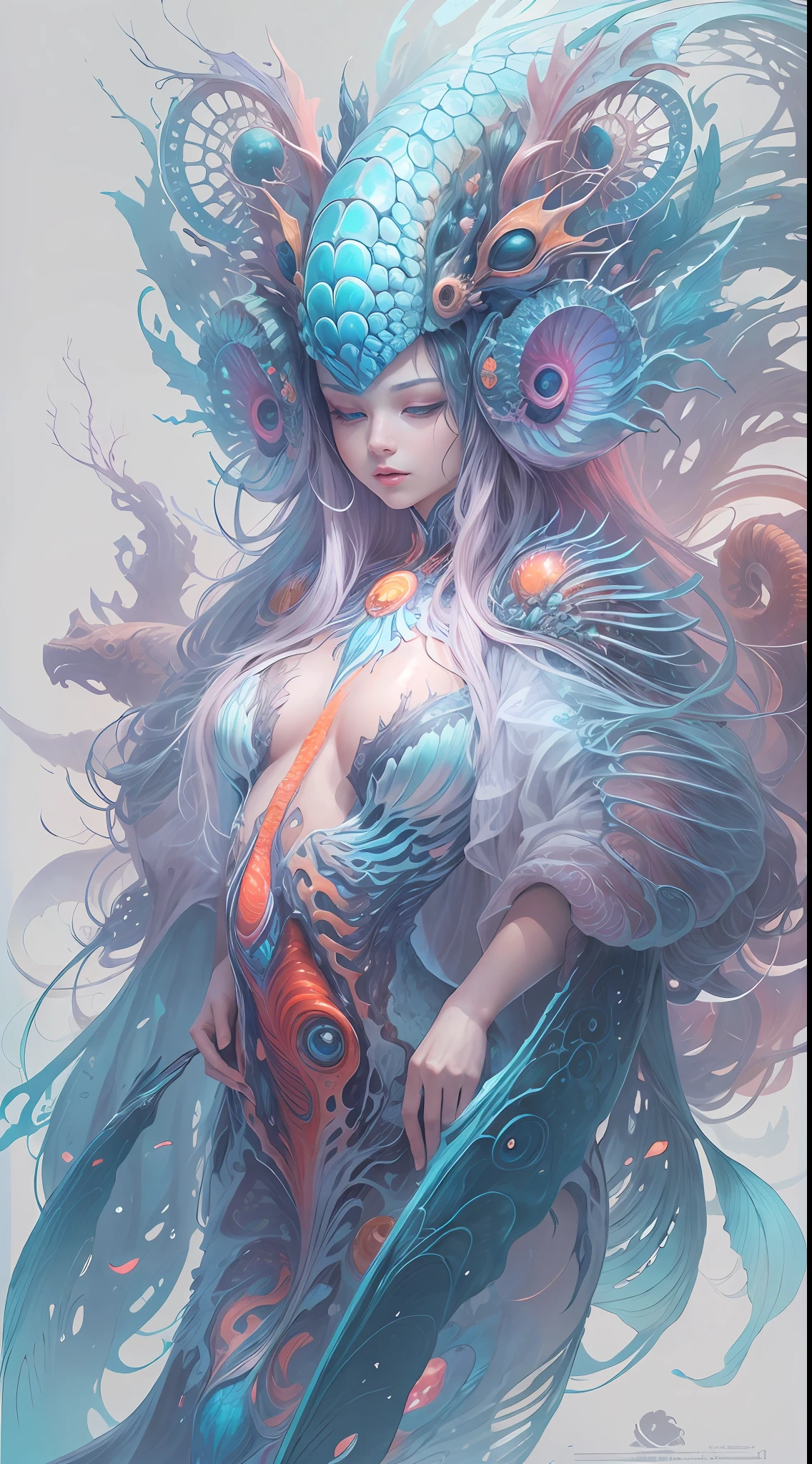 best qualtiy,tmasterpiece,超高分辨率,(photograph realistic:1.4),ultra-realistic realism,Dream-like,The beautiful blue goddess wears a phoenix peacock on her head, Nautilus, a betta fish,The creation of fantasy,Brain conch,Dream Conch,Biopunk Nautilus,Thrilling color scheme, ultra-realistic realism, abstracted, psychedelia,