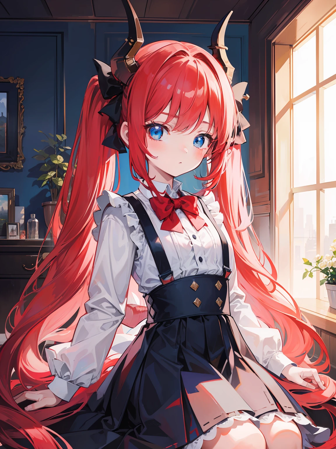 {{best quality}}, {{masterpiece}}, {{ultra-detailed}}, {illustration}, {detailed light}, red hair,blue eyes,twintails,lolita,Suspenders skirt,Fantastic,loli,solo,Dragon horns,little girl,long hair