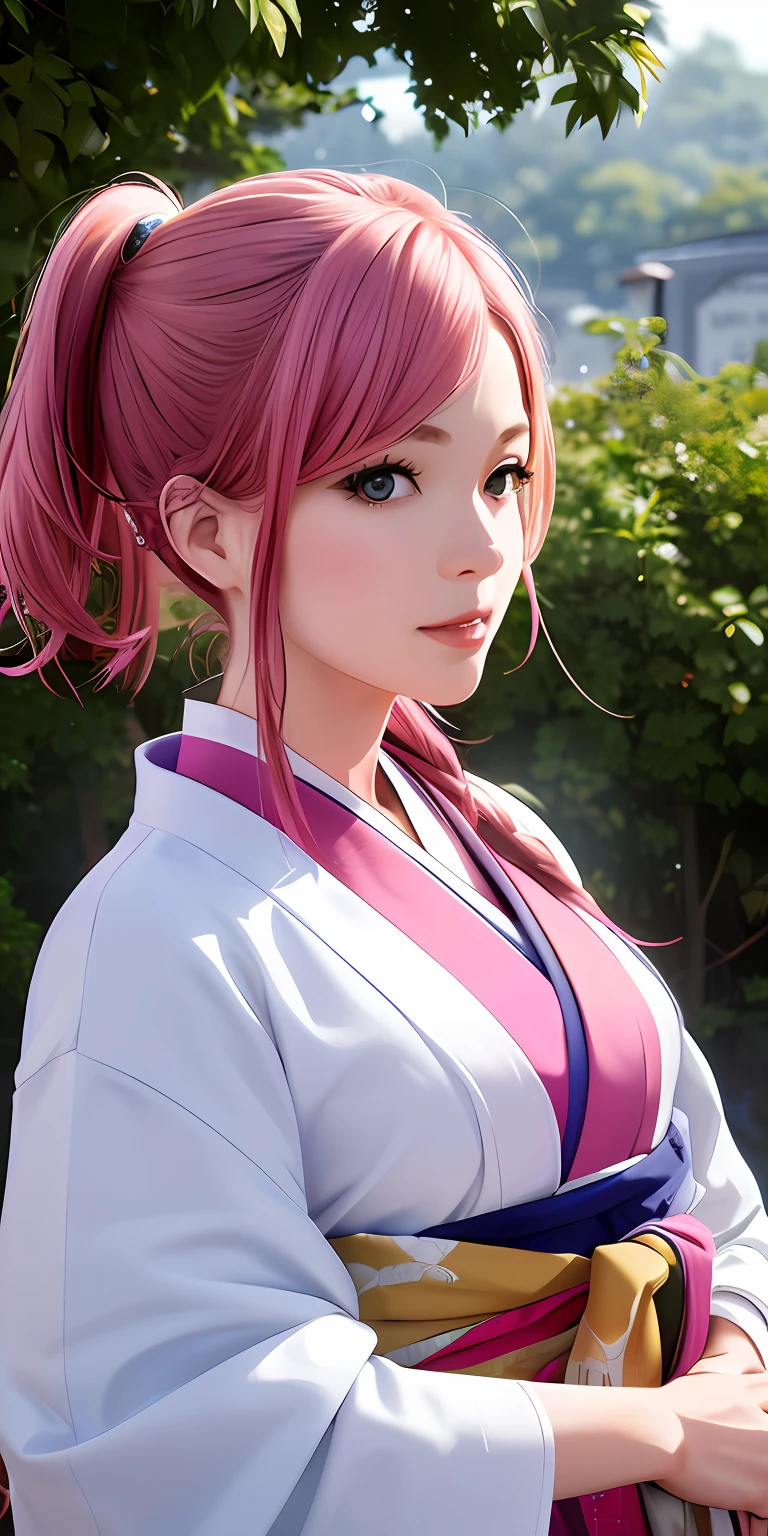 tmasterpiece，Best quality at best，photograph realistic，asda，the face，1girl，heads，Thick lips，with pink hair，sitted，moisty，shiny skins，mix4，soggy，Japan kimono，yae miko