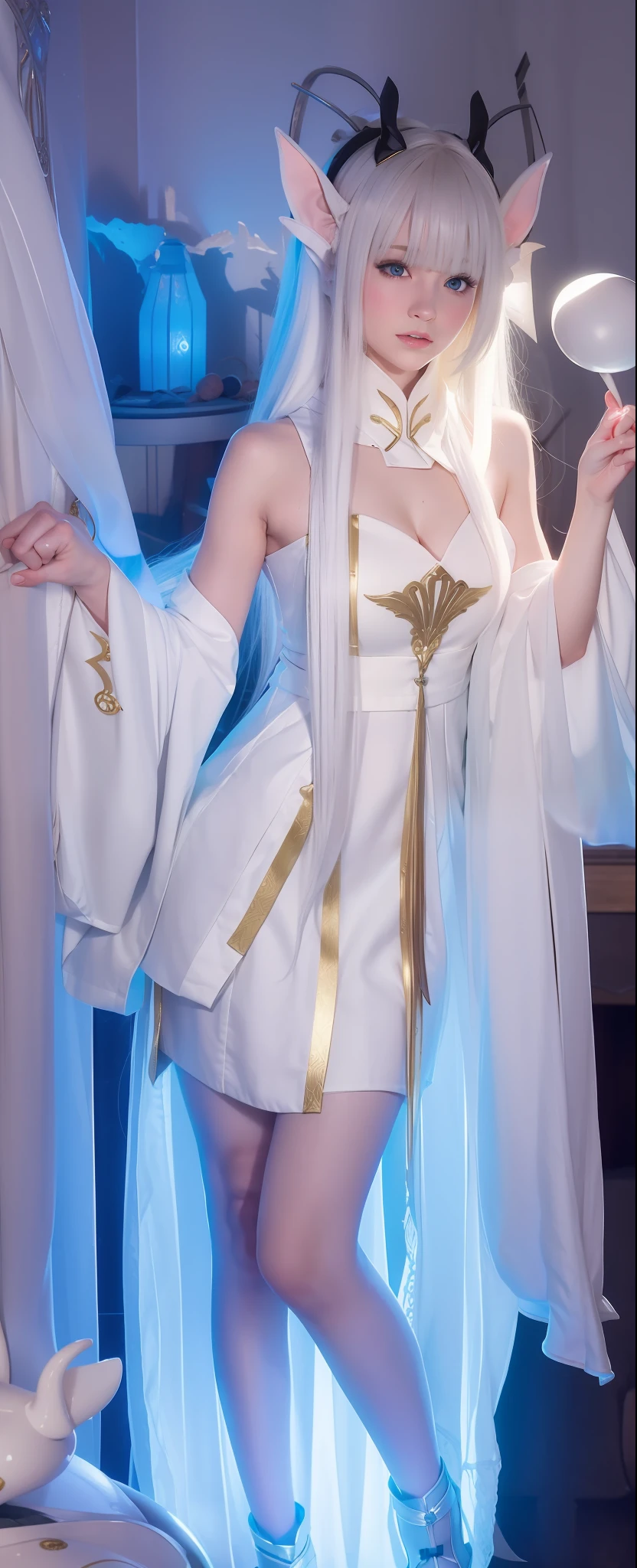 Moulded characteristic standing position
Soft natural light,cinematric light, Side lights
Elf ears
The hood bow is seductive and energetic,Blurred,Extinction,Moving,seductiv,Gold-rimmed white coat,blackstockings