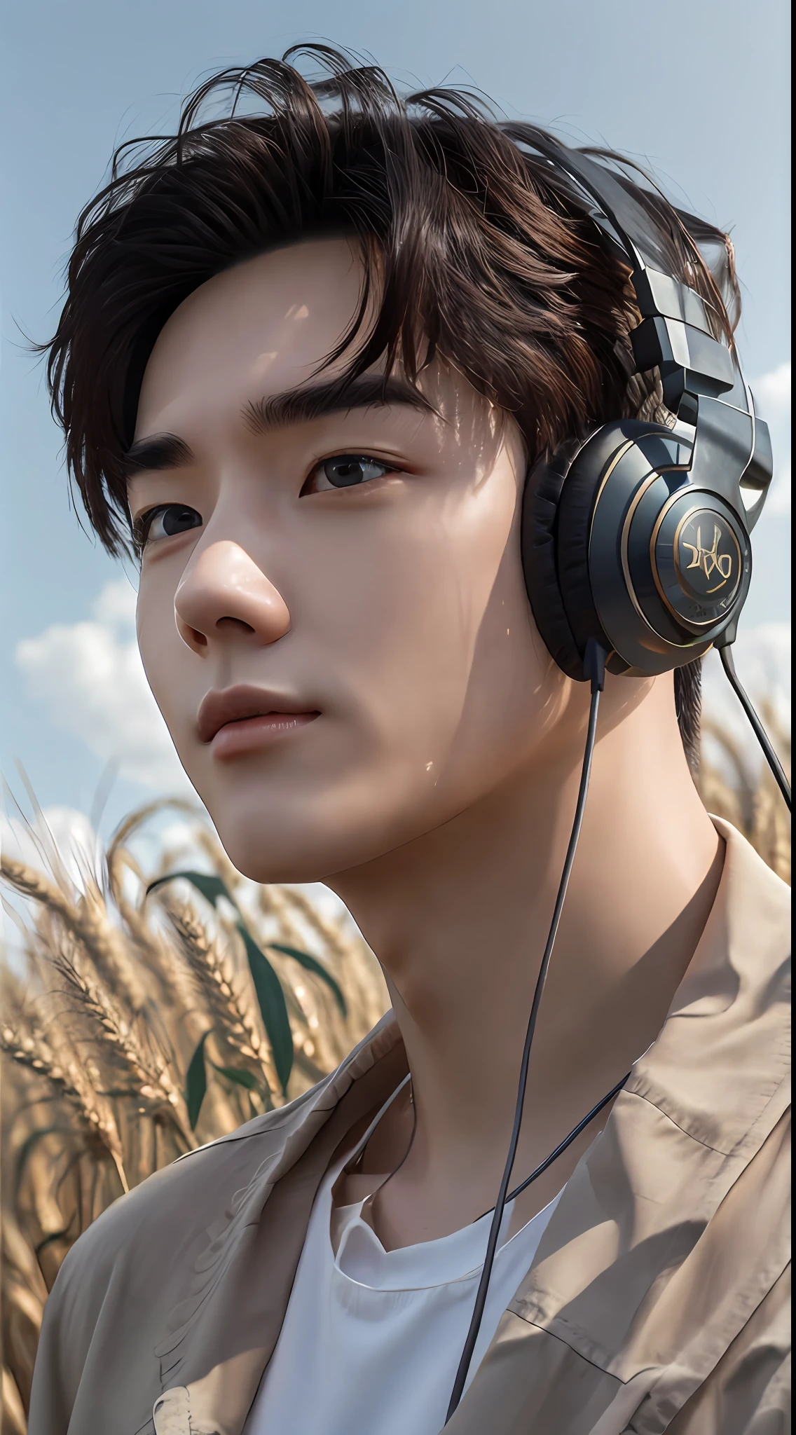 Best quality, masterpiece, super high resolution, (realistic: 1.4), original photo, wallpaper, head photo, skin, simple background, black eyes, detail, selfie, 1 boy, 18 years old, handsome, breeze, sunshine, headphones, wheat field