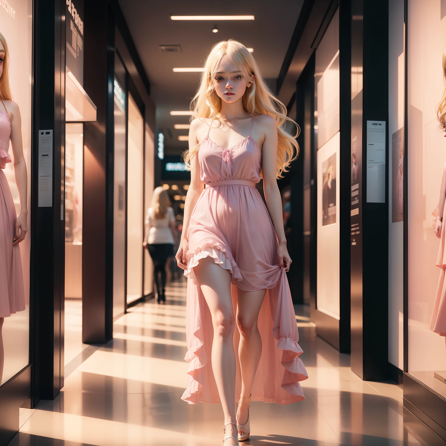 blond woman in pink dress, standing in a mall, perfect body, full body, dakota fanning, soft portrait shot 8 k, female portrait, james jean soft light 4k, james jean soft light 4 k, a still of an ethereal