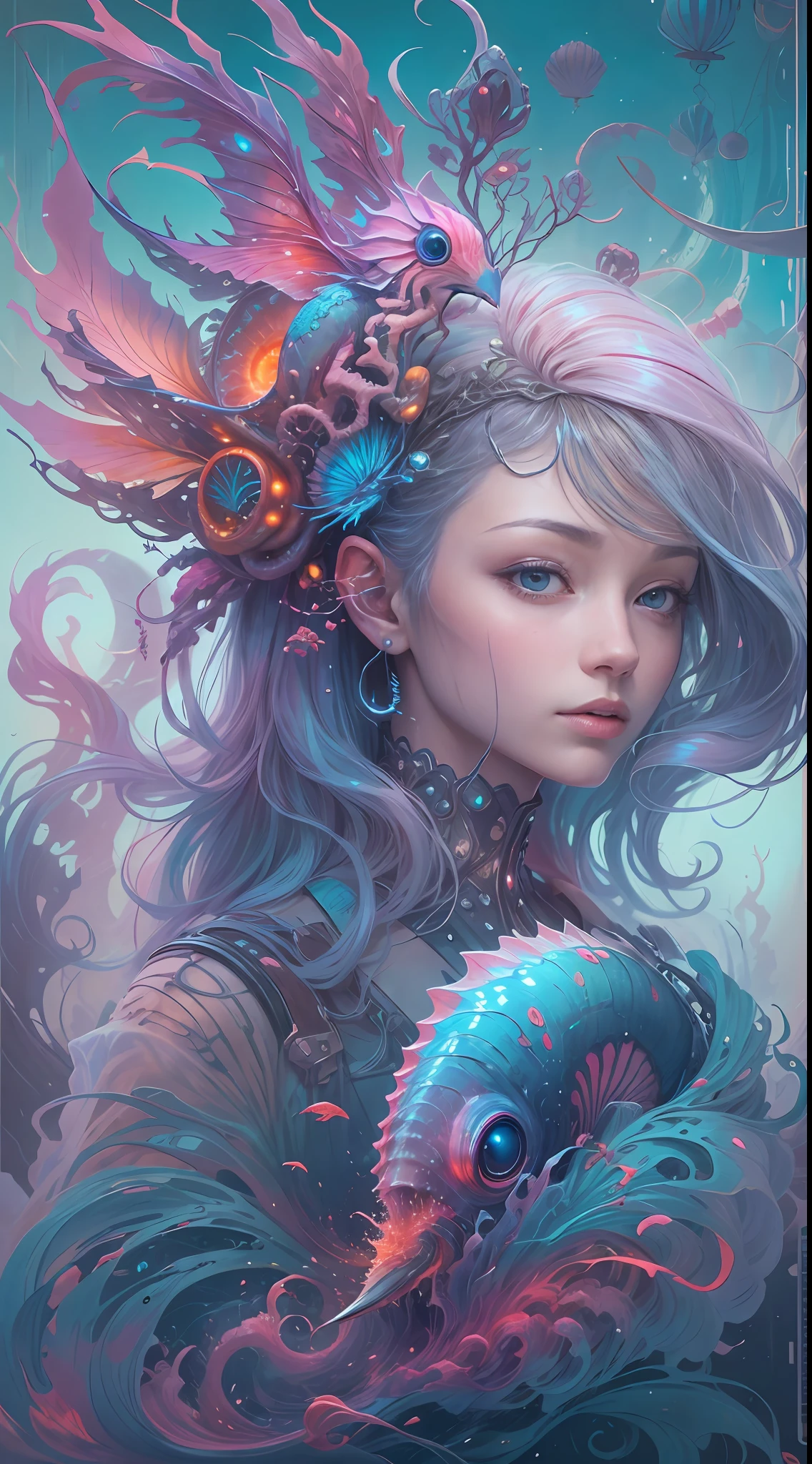 best qualtiy，tmasterpiece，超高分辨率，（photograph realistic：1.4），ultra-realistic realism，Dream-like，The beautiful blue goddess wears a phoenix peacock on her head, Nautilus, a betta fish，The creation of fantasy，Brain conch，Dream Conch，Biopunk Nautilus，Thrilling color scheme， ultra-realistic realism， abstracted， psychedelia,