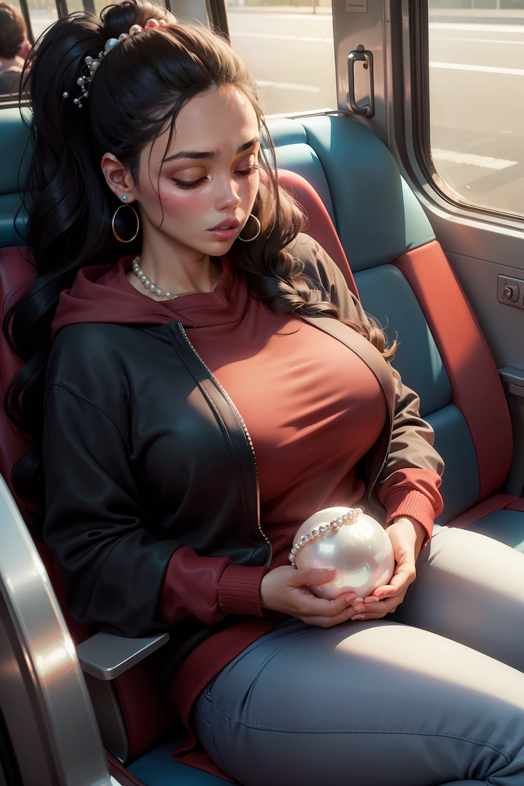 1 beautiful woman, large body, eyes closed, eyelids made up, pearls in her ears, neckline, RED SWEATSHIRT, BLACK JACKET OVER THE SWEATSHIRT, light blue jean pants, black bag, hands crossed, asleep, asleep sitting on the bus, Mouth open.
