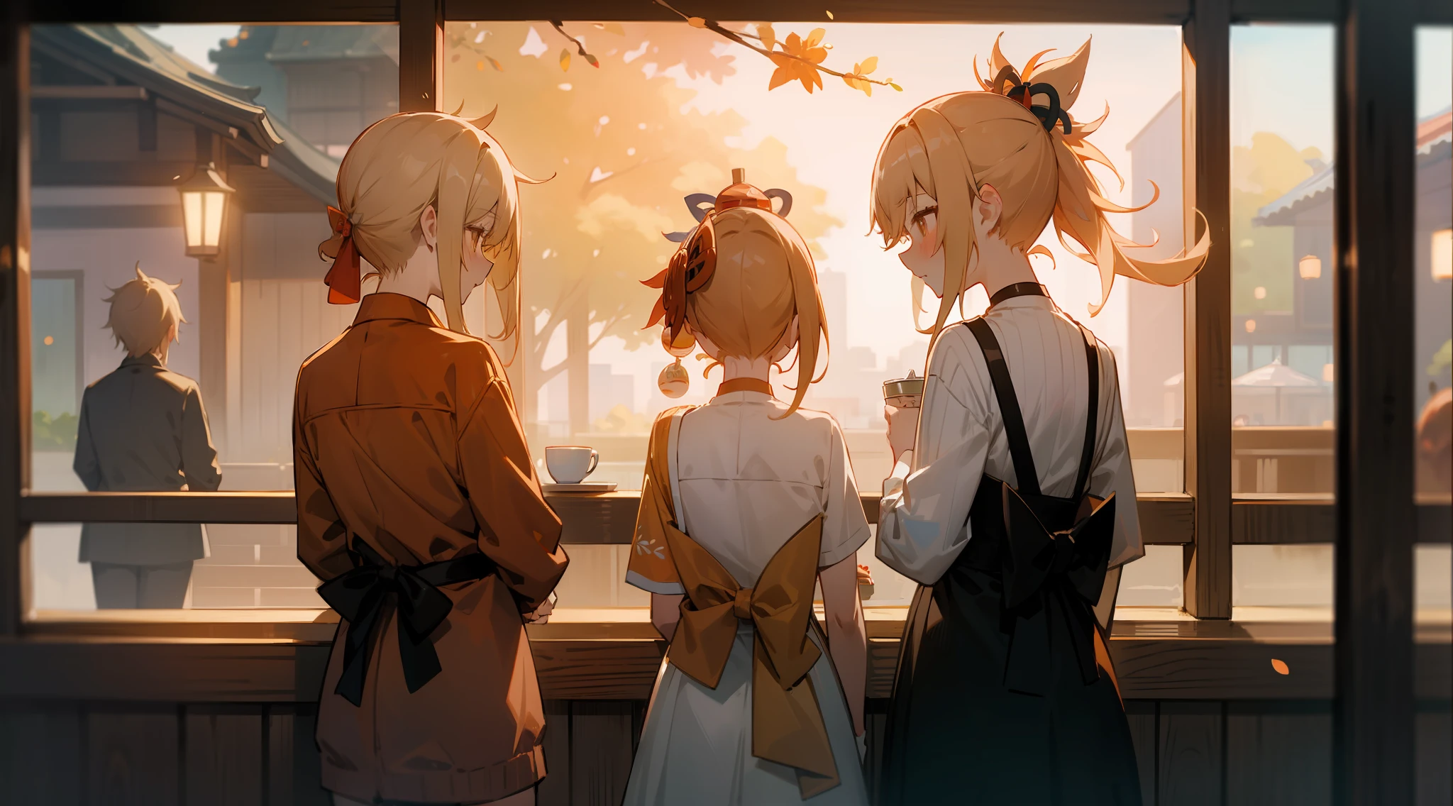 Yoimiya, matured, apron, sweater, from behind, coffee shop, cakes, sweets, comfy, embarrassed, mother, children, daughter, wife, married, evening, autumn