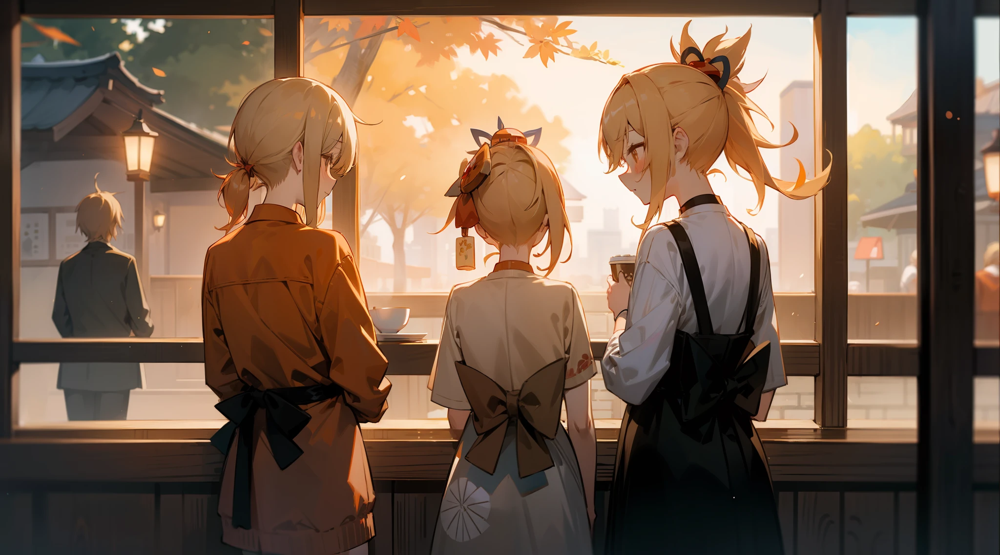 Yoimiya, matured, apron, sweater, from behind, coffee shop, cakes, sweets, comfy, embarrassed, mother, children, daughter, wife, married, evening, autumn