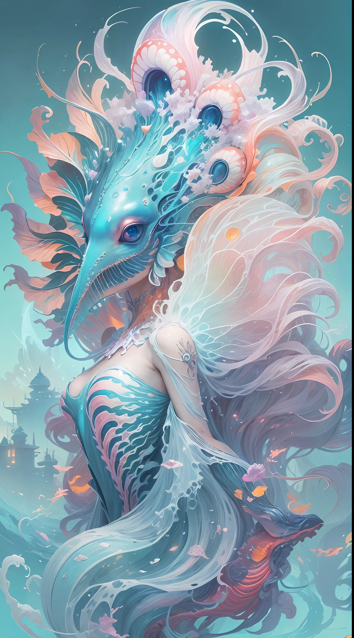 best qualtiy,tmasterpiece,超高分辨率,(photograph realistic:1.4),ultra-realistic realism,Dream-like,The beautiful blue goddess wears a phoenix peacock on her head, Nautilus, a betta fish,The creation of fantasy,Brain conch,Dream Conch,Biopunk Nautilus,Thrilling color scheme, ultra-realistic realism, abstracted, psychedelia,