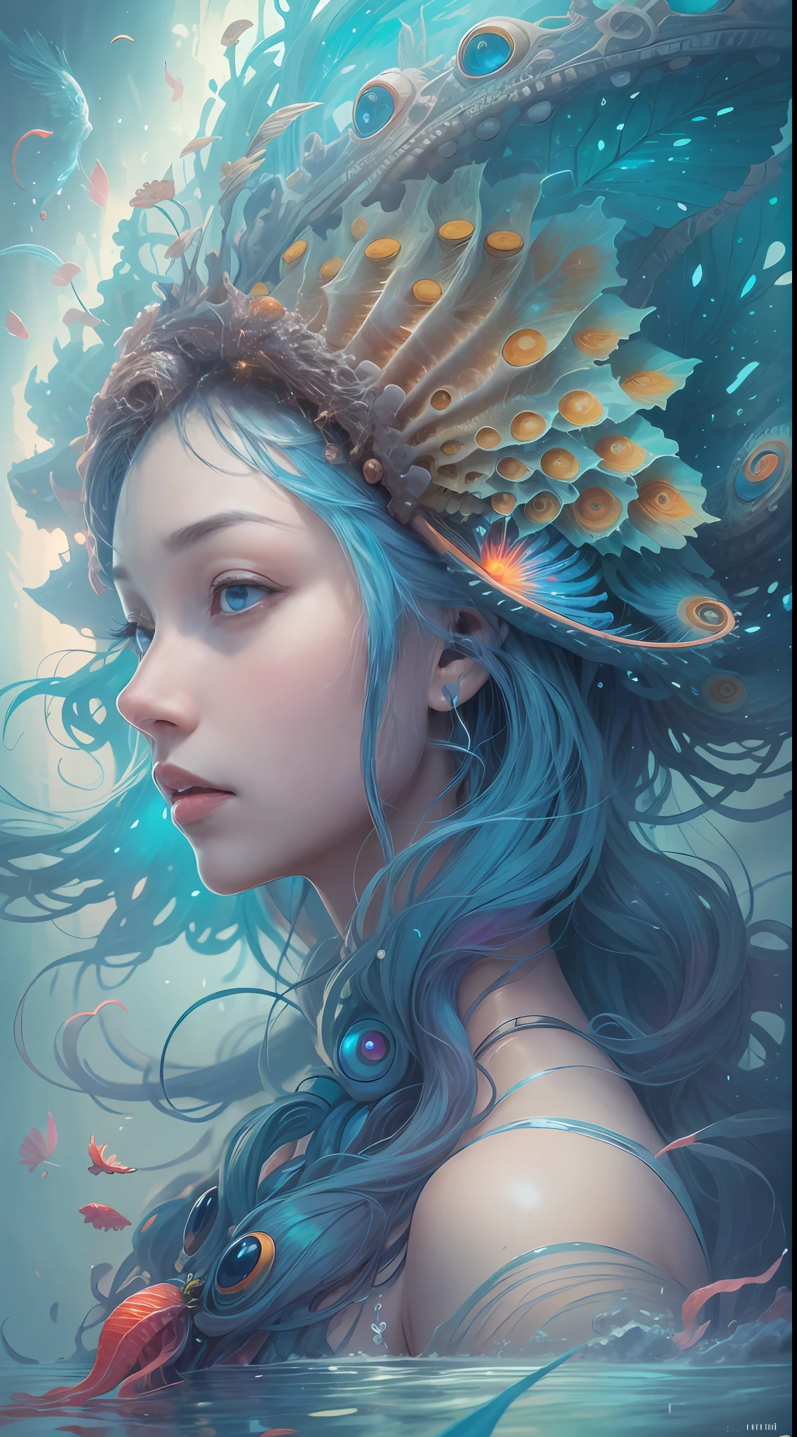 best qualtiy,tmasterpiece,超高分辨率,(photograph realistic:1.4),ultra-realistic realism,Dream-like,The beautiful blue goddess wears a phoenix peacock on her head, Nautilus, a betta fish,The creation of fantasy,Brain conch,Dream Conch,Biopunk Nautilus,Thrilling color scheme, ultra-realistic realism, abstracted, psychedelia,