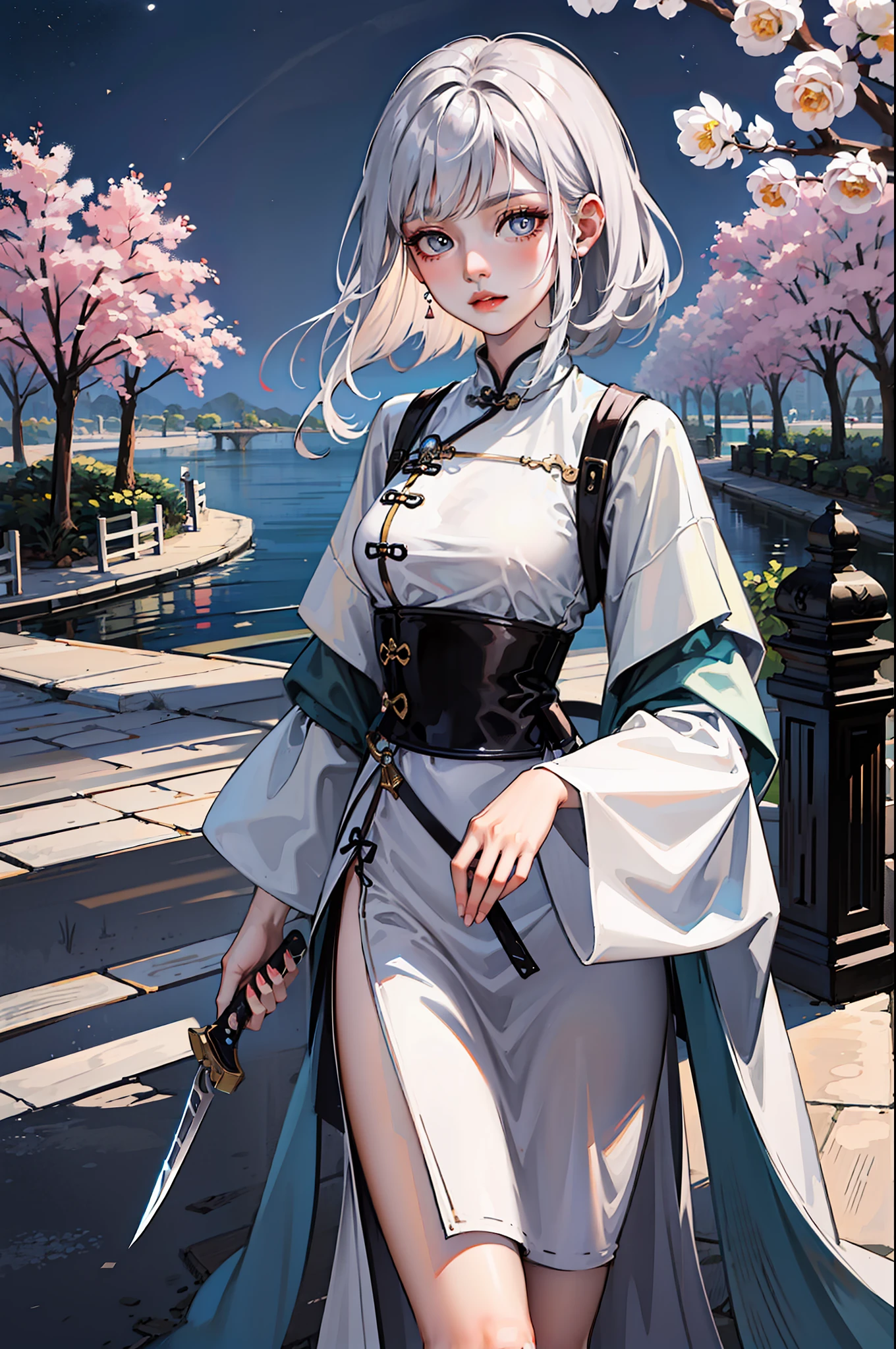 Masterpiece, Best quality, Night, full moon, 1 girl, Mature woman, Chinese style, Ancient China, sister, Royal Sister, Cold expression, Expressionless face, Silver white long haired woman, Light pink lips, calm, Intellectual, tribelt, Gray pupils, assassins, short knife, flower ball background, Stroll through the street view