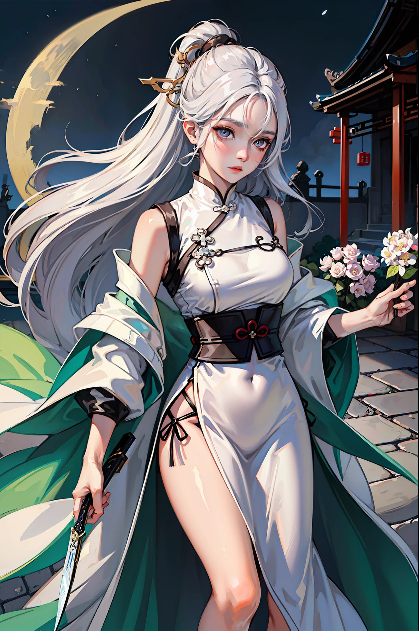 Masterpiece, Best quality, Night, full moon, 1 girl, Mature woman, Chinese style, Ancient China, sister, Royal Sister, Cold expression, Expressionless face, Silver white long haired woman, Light pink lips, calm, Intellectual, tribelt, Gray pupils, assassins, short knife, flower ball background, Stroll through the street view