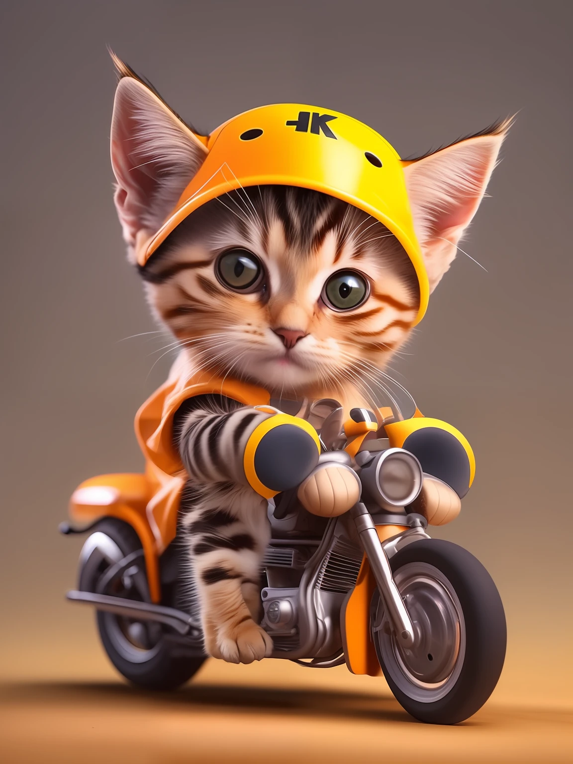 The smallest woman in the world,A super mini kitten,This cat is a takeaway worker,has beautiful eyes,wearing a yellow takeaway costume,riding a motorcycle,road background,anthropomorphic,photo real, photo real, classic composition, masterpiece, exquisite, color correction, amazing visual effects, crazy details, intricate details, sharp focus, HD, 8k --v 4 --ar 2:3 --q 2 --v 5 --v 5 --q 2 --v 5  --q 2 --v 5