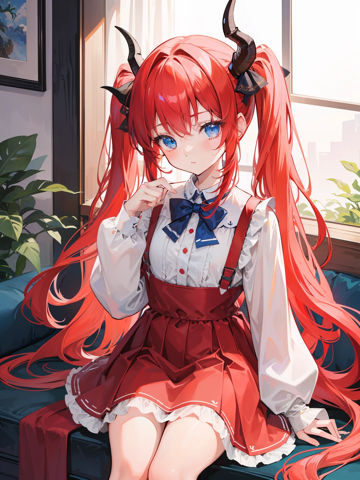 {{best quality}}, {{masterpiece}}, {{ultra-detailed}}, {illustration}, {detailed light}, red hair,blue eyes,twintails,lolita,Suspenders skirt,Fantastic,loli,solo,Dragon horns,little girl,long hair