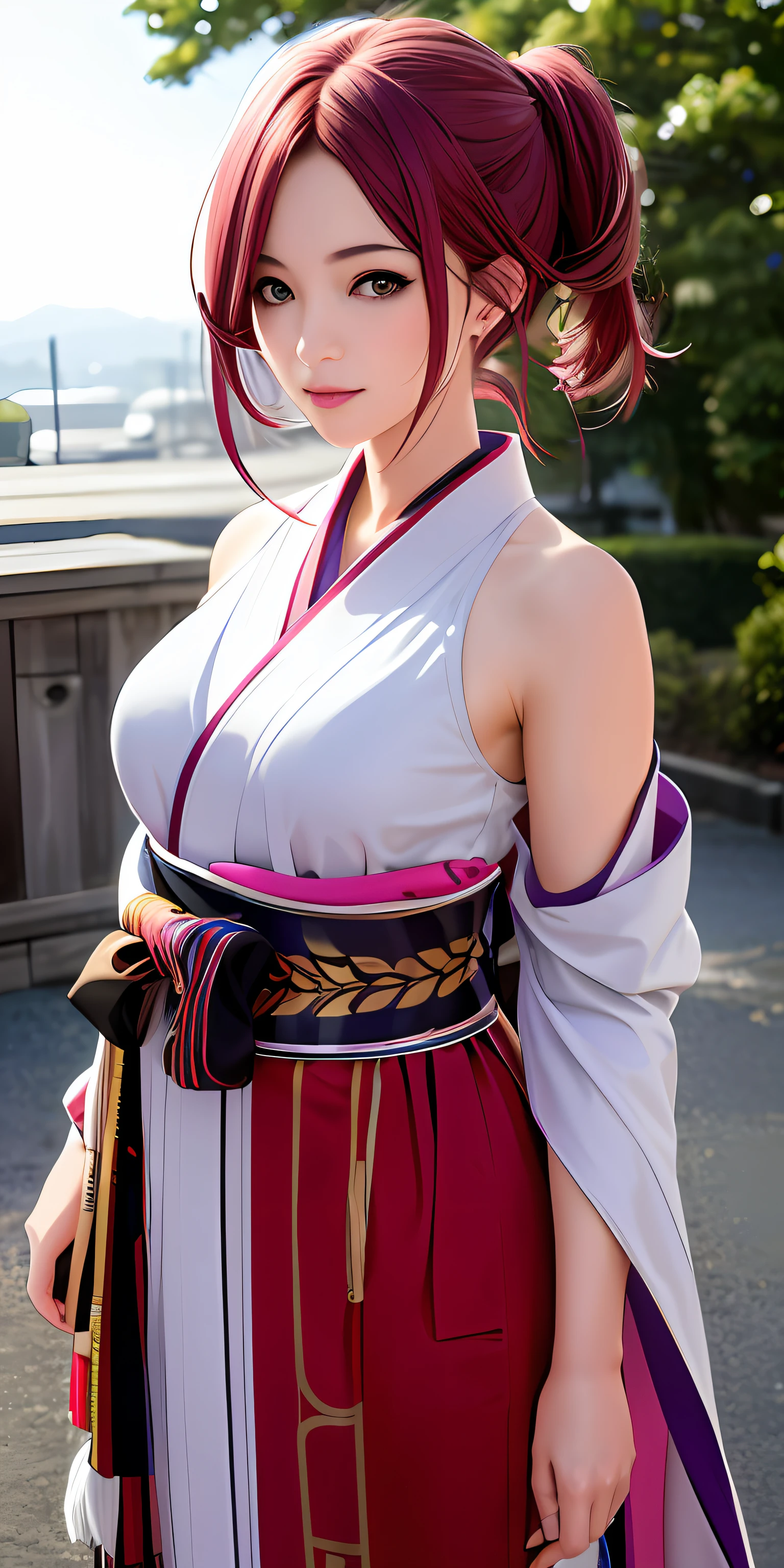 tmasterpiece，Best quality at best，photograph realistic，asda，the face，1girl，heads，Thick lips，with pink hair，sitted，moisty，shiny skins，mix4，soggy，Japan kimono，yae miko
