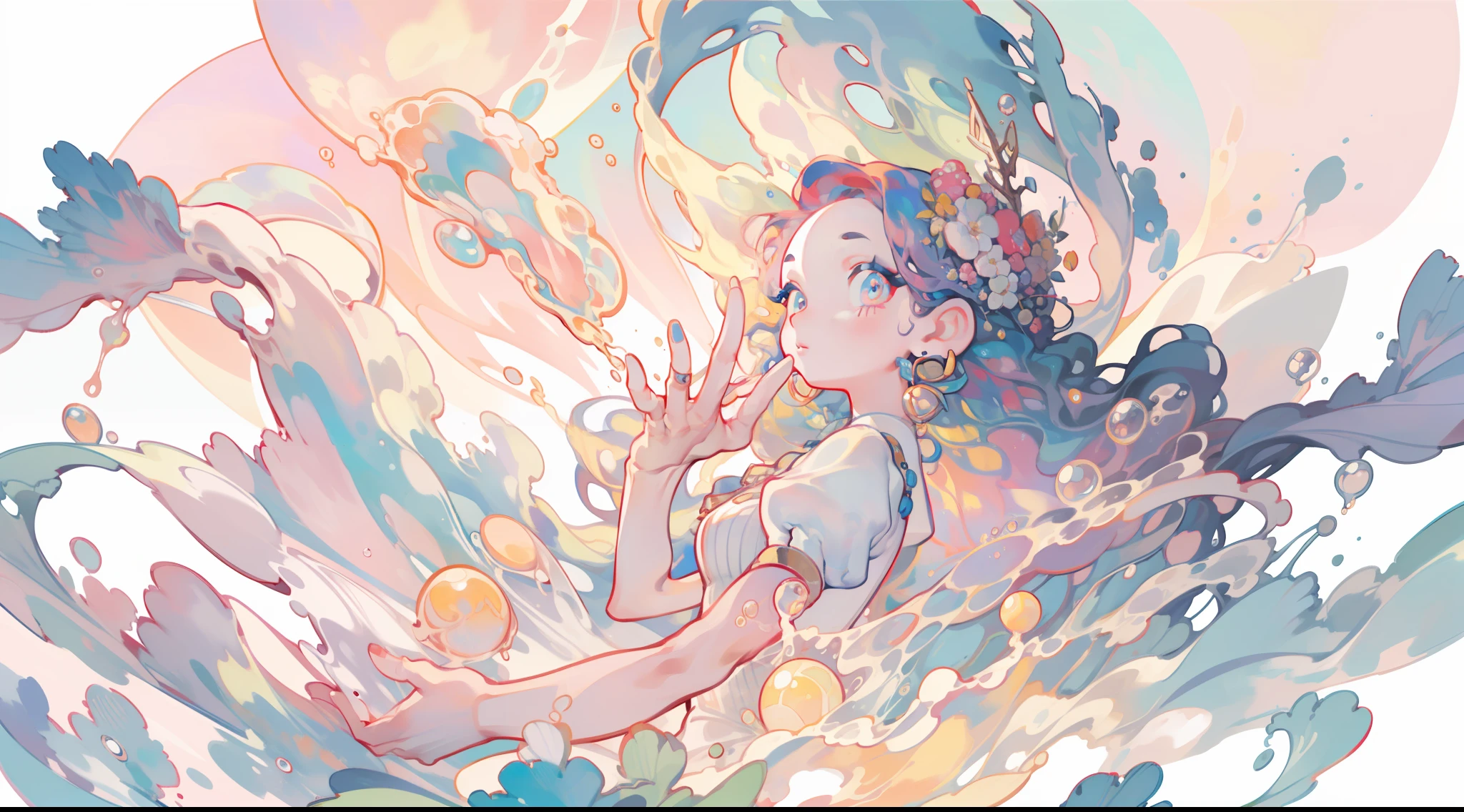 masterpiece, best quality, 8k resolution, sharp focus, intricate detail, beautiful girl, sparkling eyes, golden ratio face, otherworldly liquid, watercolor, sunset colors, bright colors, whimsical, colorful, sharp focus, high resolution, fine detail, liquid ballgown, ((round eyes)), iridescent bubbles