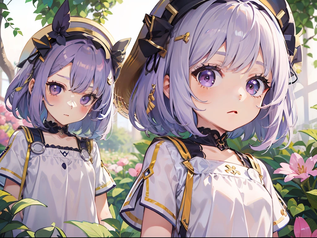 A 5 year old girl(short light purple hair,short detailed hair,flatchest,Purple eye,Thin,The expression is innocent,Clear facial features),on the garden,upperbody closeup,The lens looks down 30 degrees