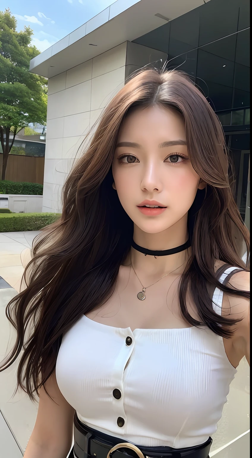 (top-quality、hight resolution、masterpiece:1.3)、Tall and cute woman、Slender abs、Dark brown hair styled in loose waves、breastsout、Wearing a pendant、White button-up shirt、a belt、a black skirt、(Modern architecture in background)、Details exquisitely rendered in the face and skin texture、A detailed eye、二重まぶた、a black choker、huge tit