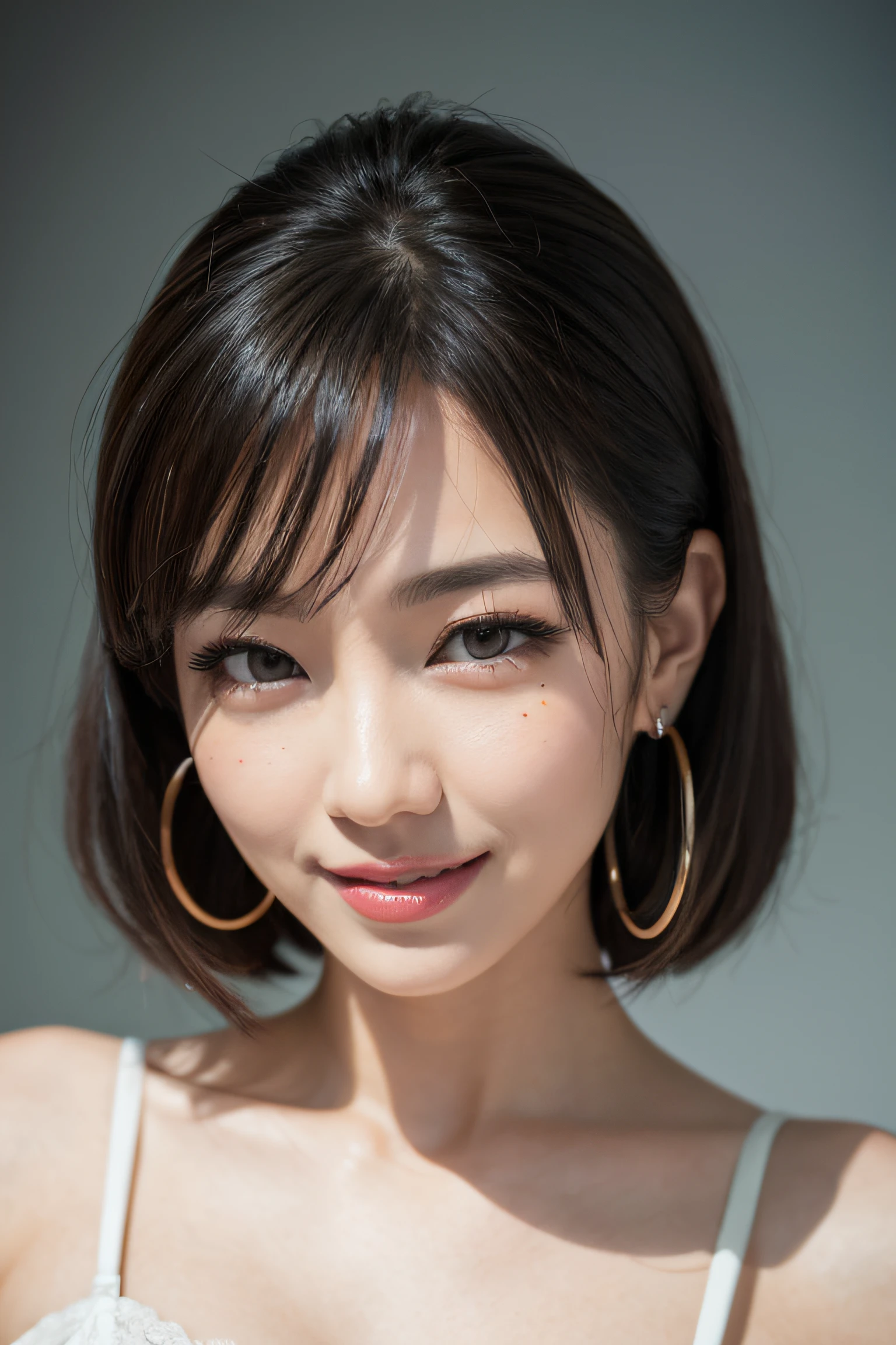 black hair, hair bobbles, longeyelashes, solid circle eyes, light smile, mole under eye, heart earrings, light smile, shy, puckered lips, Surrealism, drop shadow, stereogram, pov, atmospheric perspective, depth of field, first-person view, f/1.8, 8k, super detail, ccurate, best quality, highres, best quality,full body