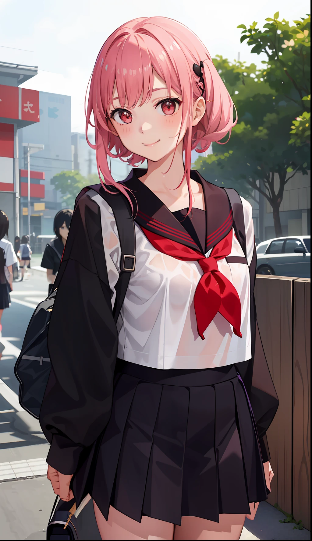 1girl in、A smile、The shirt、skirt by the、(small tits)Chilarism、Japan High School Student Uniform、serafuku、summer clothing、Squall Drenched Uniform、(Sheer Bra)、Upper body portrait、