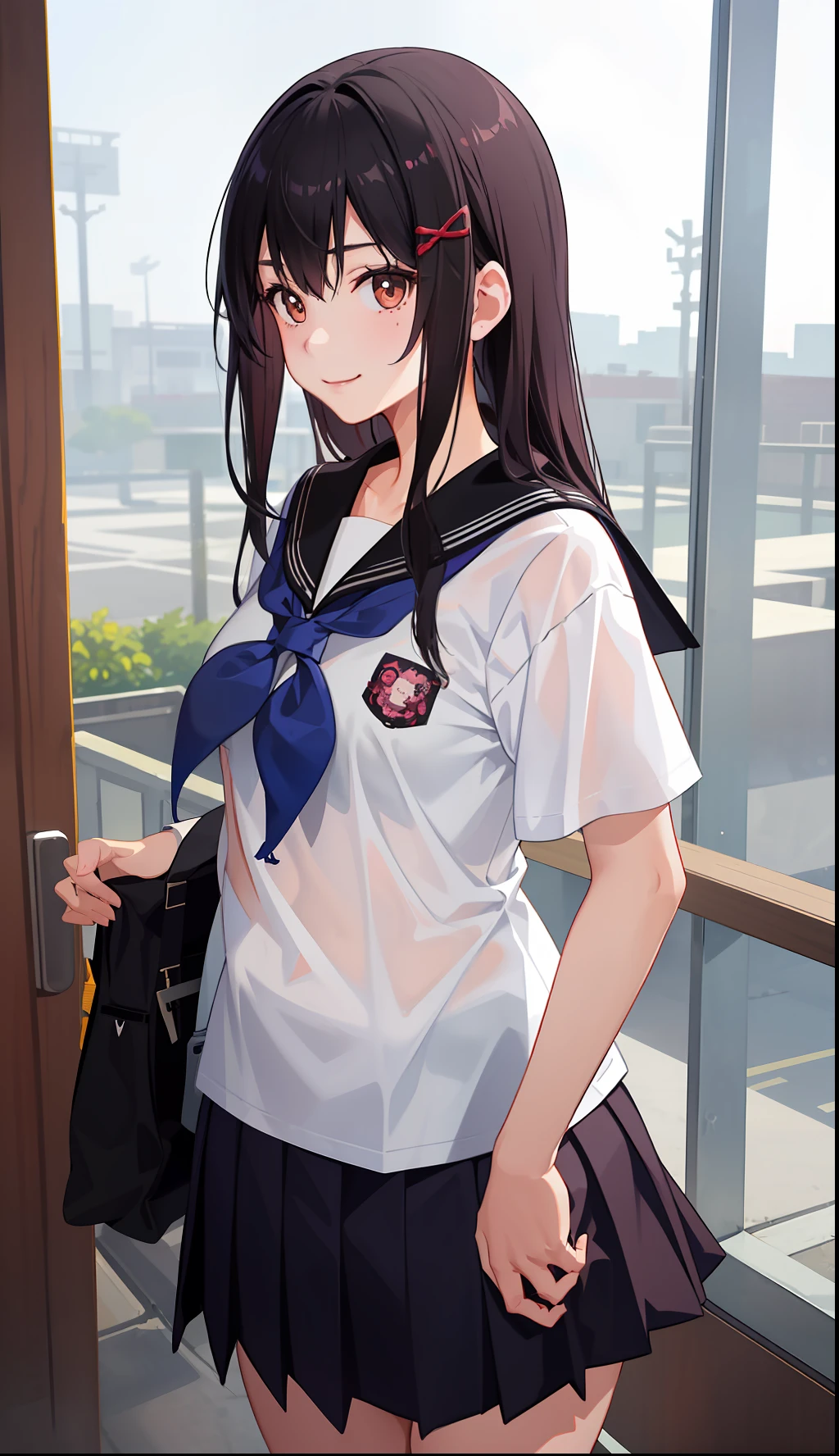 1girl in、A smile、The shirt、skirt by the、(small tits)Chilarism、Japan High School Student Uniform、serafuku、summer clothing、Squall Drenched Uniform、(Sheer Bra)、Upper body portrait、