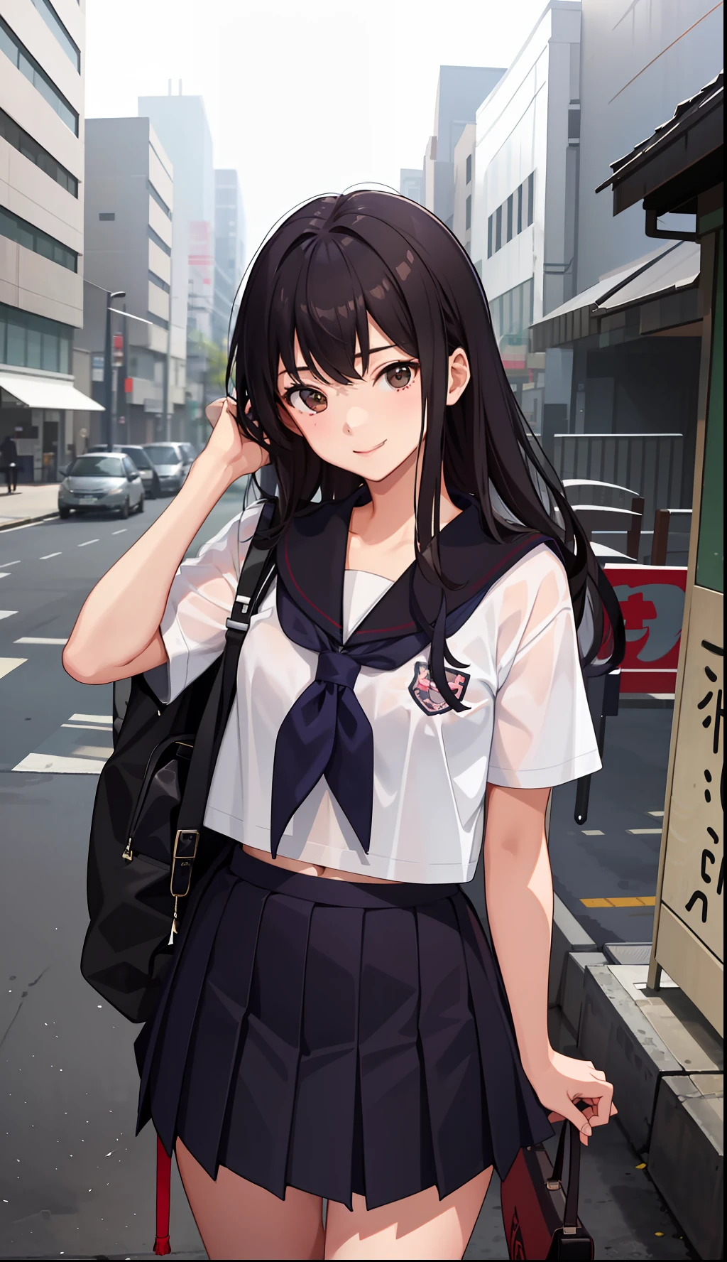 1girl in、A smile、The shirt、skirt by the、（small tits）Chilarism、Japan High School Student Uniform、serafuku、summer clothing、Squall Drenched Uniform、（Sheer Bra）、Upper body portrait、