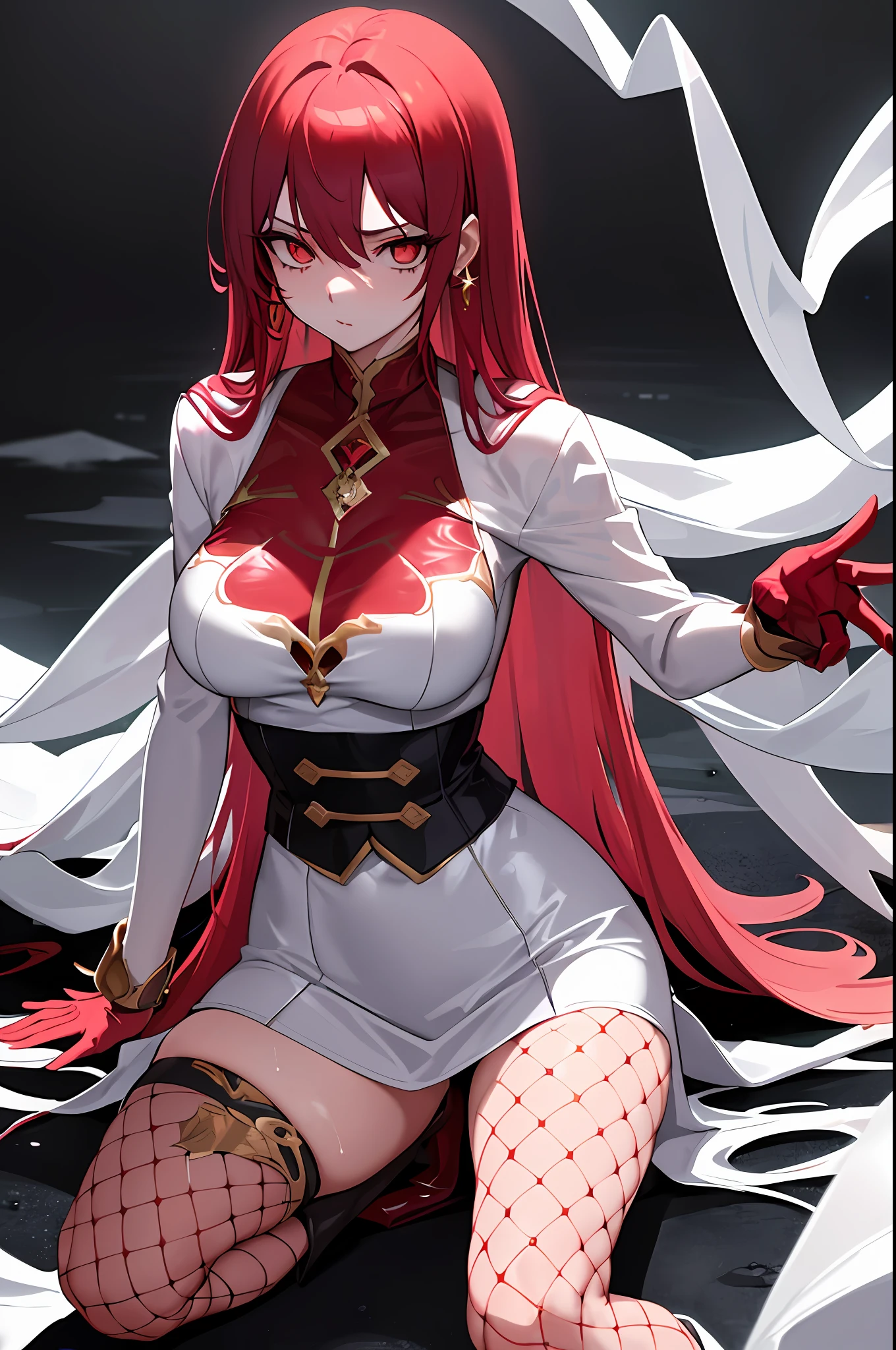 ((masterpiece)), ((best quality)), 1girl, long hair, big bust, very long red hair, yellow eyes, transparent clothes, ((white clothes)) rain, wet, exposed skin, ligerie, ((sexy pose)), white clothes, ((intimidant look)), without pants, fishnet stockings, jewels, ruby earrings, good anatomy, red gloves, boots, heels, evil, emotionless, intimidant, bloody, ((beautiful eyes)), dark background, close up, ((detailed eyes)), beautiful eyes, hair bang, frontal look