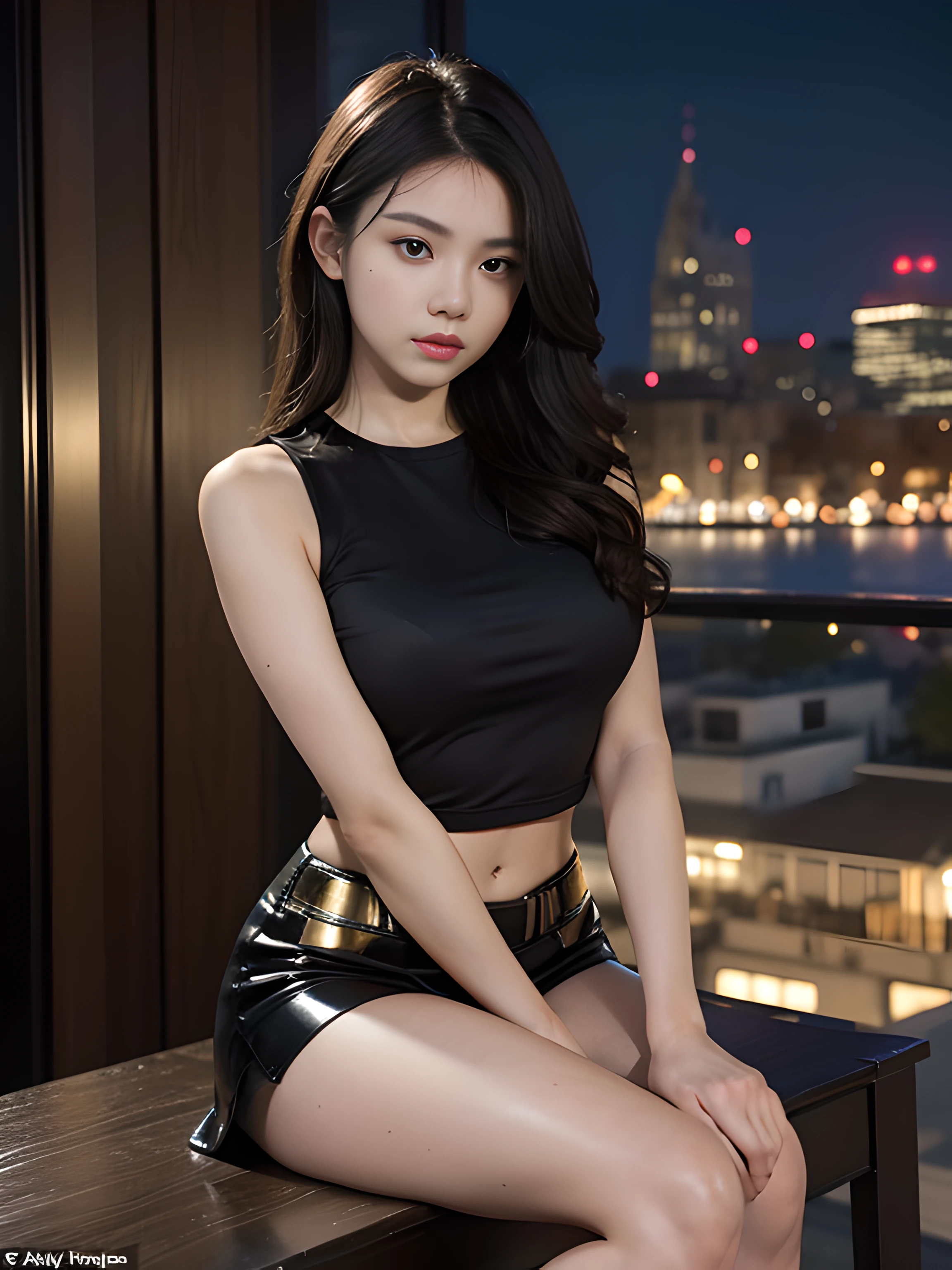 ((midynight, Acura, 8K, tmasterpiece: 1.3)), full bodyesbian, long leges, Focalors: 1.2, perfect figure beautiful woman: 1.4, Slim abs: 1.1, (dark brown hair,: 1.2 )), (Gold skinny T-shirt, short skirt,sitting on a stool: 1.2), (city night scene, the roof: 1.3)), Highly Detailed Face and Skin Textur, detailedeyes, 二重まぶた,