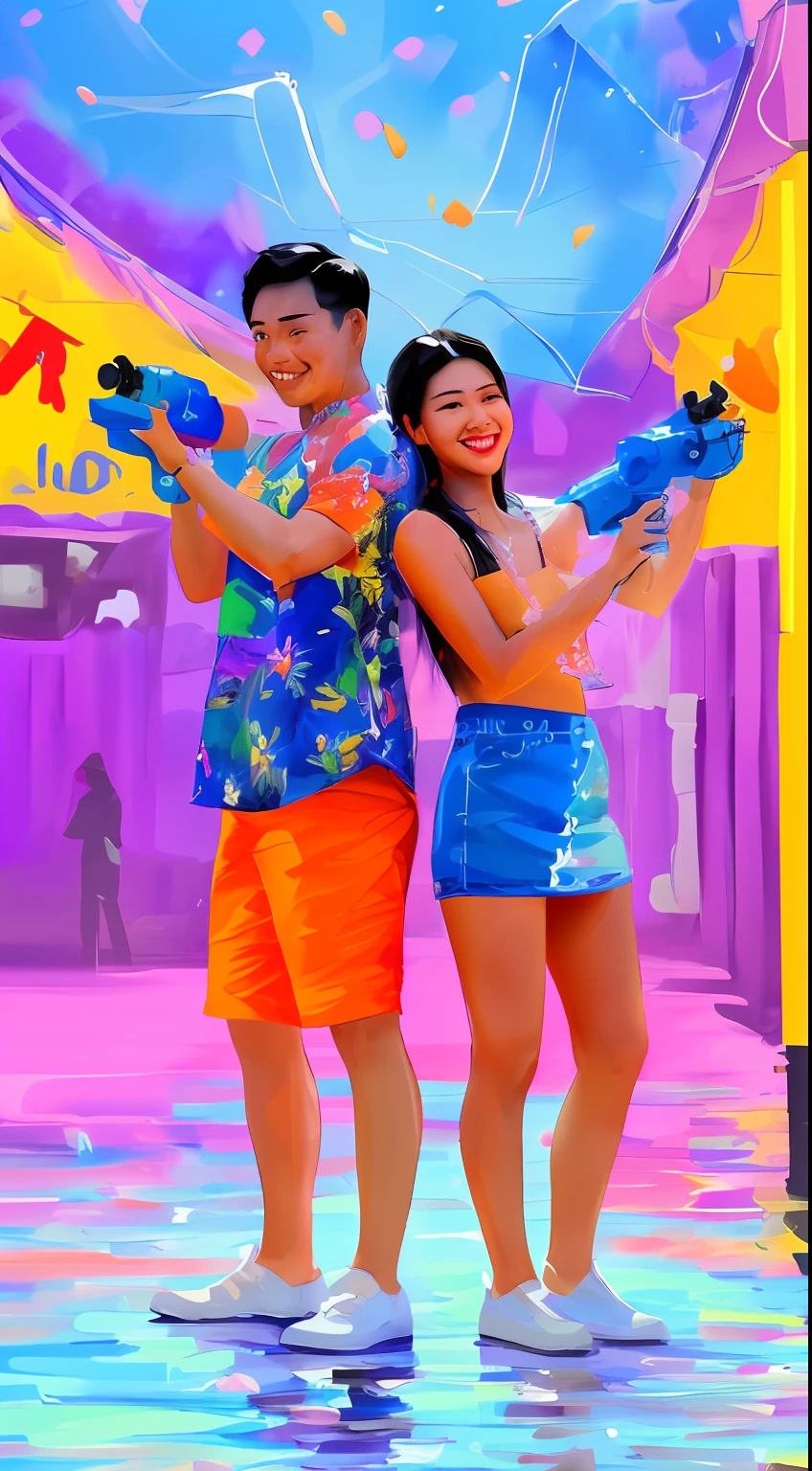 digital painting, couple with water guns, songkran outfit, water festival vibe, smile, scandanavian woman, standing in wearing tight shirt and skirt, highly detailed skin, detailed hands with five fingers, sharp focus, oil painting:1.16),(acrylic paint:1.16),(colorful:1.16), (watercolor:1.16), , by (nvinkpunk:1.0),(kuvshinov:1.0),(dreamlikeart:1.0),(samdoesart:1.0),(modelshoot style:1.0), ,,((detail-oriented:1.2), (high resolution:1.2), high quality, DSLR camera, professional, captivating, elegant, confident,(highly detailed, hyperdetailed, intricate), (lens flare:0.7), (bloom:0.7), particle effects, (raytracing:1.1), cinematic lighting, shallow depth of field, photographed on a Sony Alpha 1, 50mm wide angle lens, sharp focus)