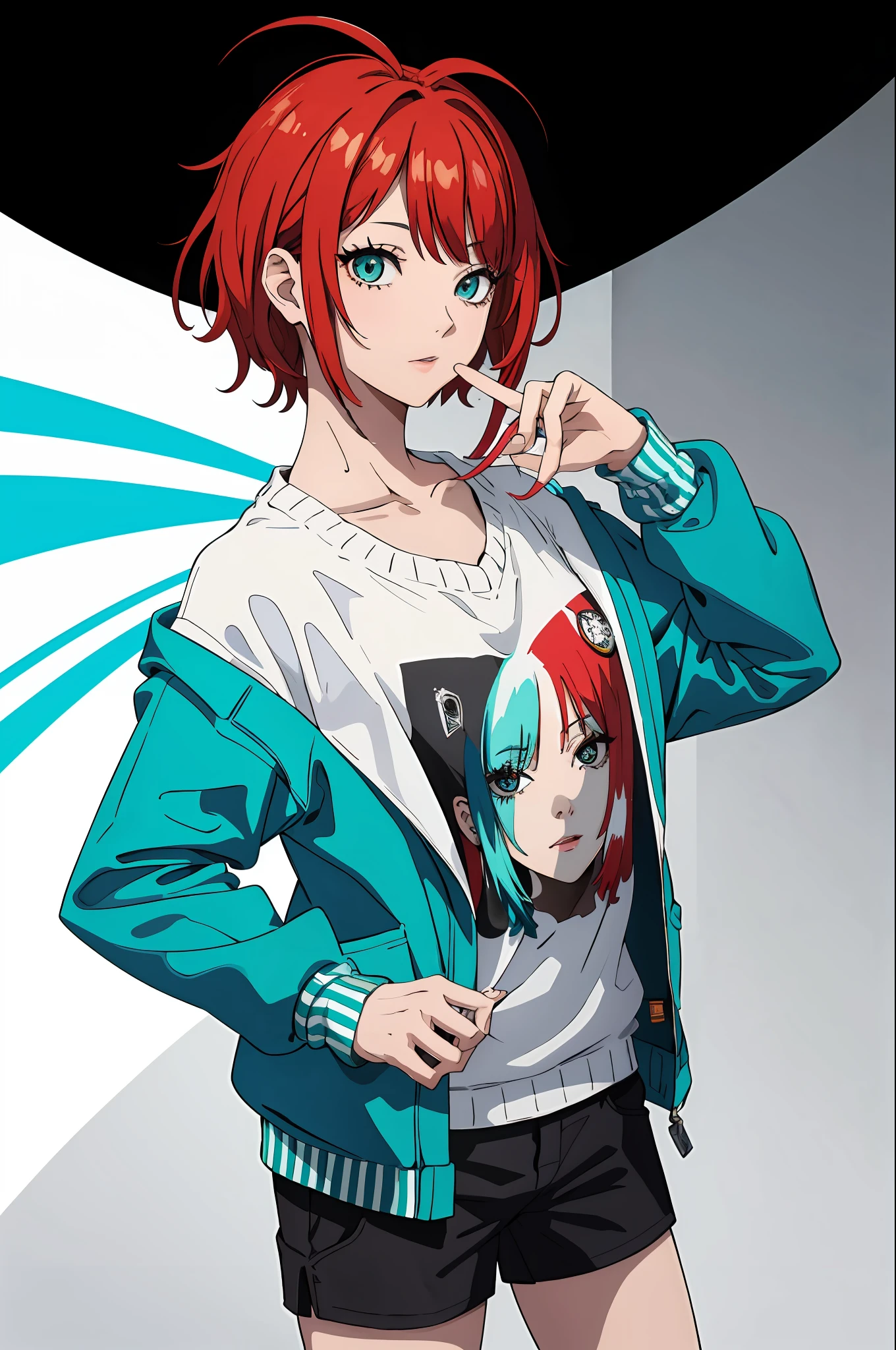 melhor qualidade, obra-prima, 1girl, solo, red striped hair gradient, cabelo longo, cabelo branco, lilie (wacca), boina preta, saia xadrez, gargantilha, Cyan sweater jacket, camisa de gola, gravata xadrez preta, mangas passadas dedos