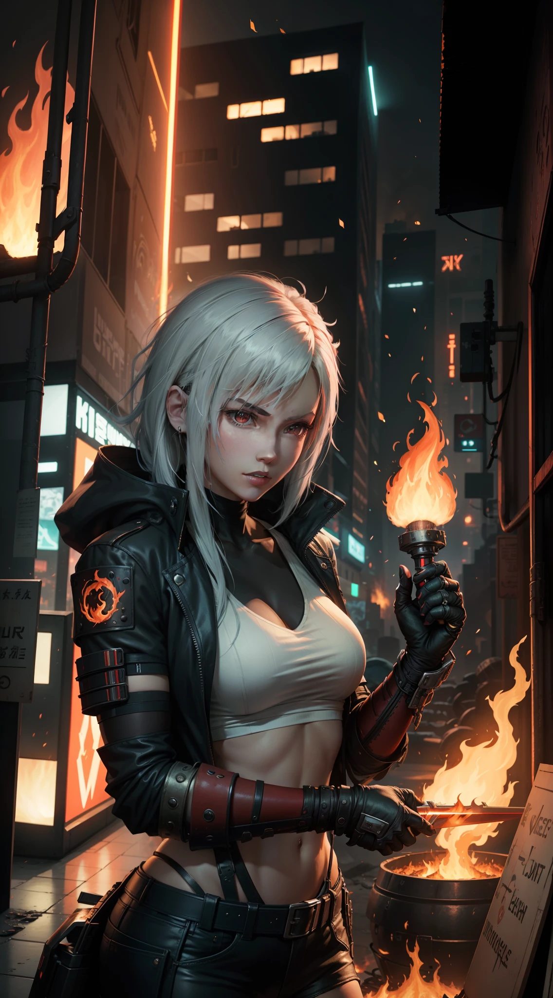 city in the style of cyberpunk,Lots of details about the city,Girl with white hair,Hold a red sword,Surrounded by flames,preparing to fight,quadratic element,afofuturism。