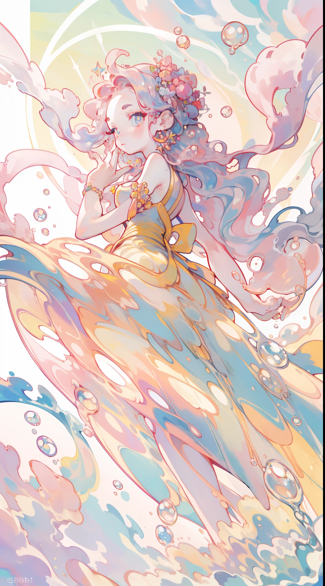masterpiece, best quality, 8k resolution, sharp focus, intricate detail, beautiful girl, sparkling eyes, golden ratio face, otherworldly liquid, watercolor, sunset colors, bright colors, whimsical, colorful, sharp focus, high resolution, fine detail, liquid ballgown, ((round eyes)), iridescent bubbles