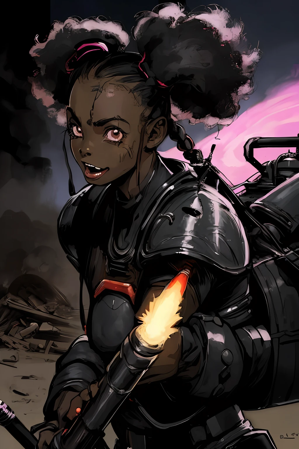 portrait of 1 black small (child) little girl, trigger happy, afro pig tails, battle stance,   full apocalyptic gear, intense action background, rocket launcher, happy expression, 
futuristic,  detailed,  (  methurlant)
dark, dim light, gritty, comic, y2k animation, hq, intricate detail, high quality, smooth, 
(masterpiece, best quality:1.3),