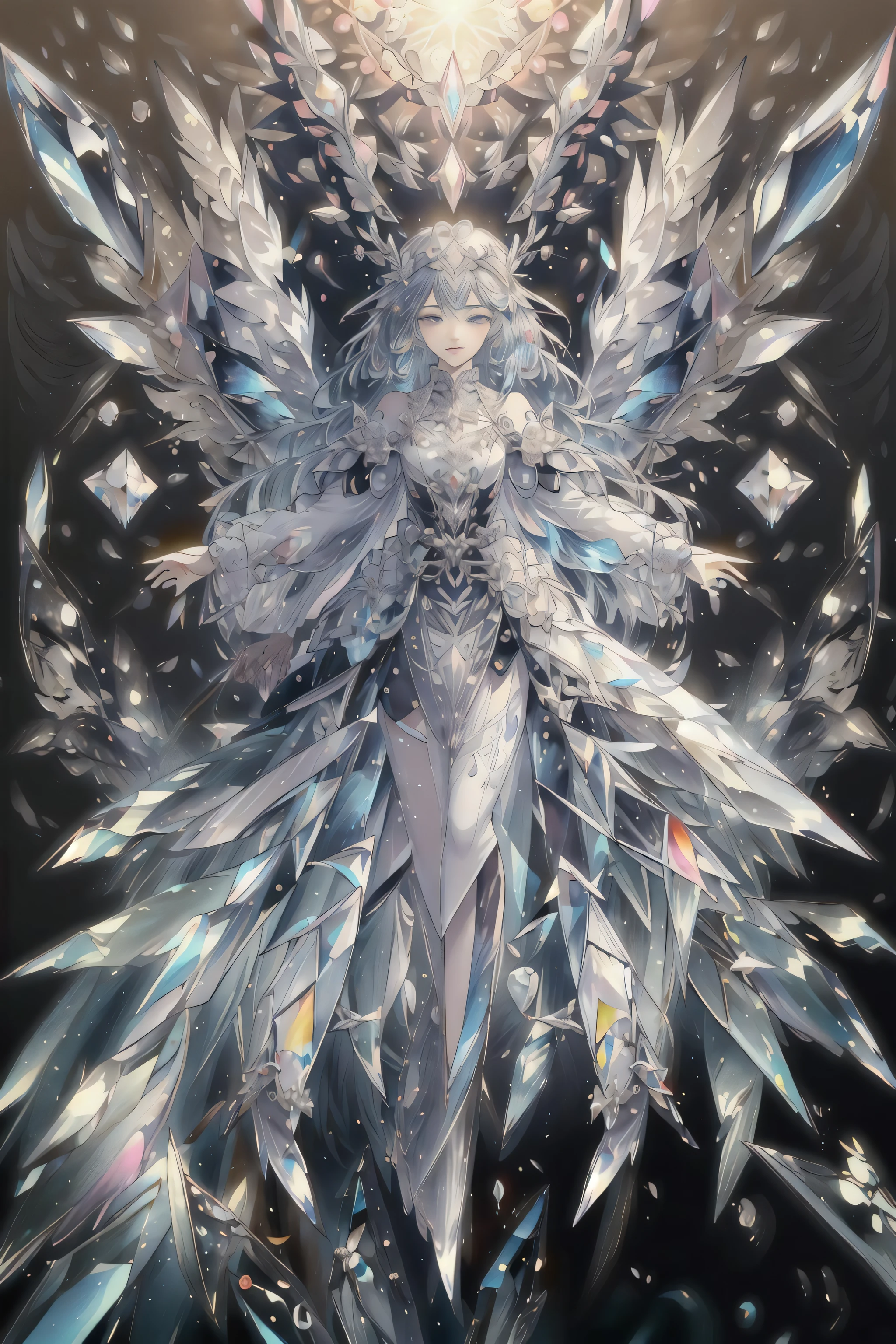 ((best quality)), ((masterpiece)), (detailed),1girl,solo,angel, quan,full body,colorful, extremely detailed CG unity 8k wallpaper, intricate details, kaleidoscopic imagery, symmetrical patterns, vibrant colors, geometric shapes, mesmerizing designs, optical illusions, dynamic composition, pantomime art,  crystallineAI