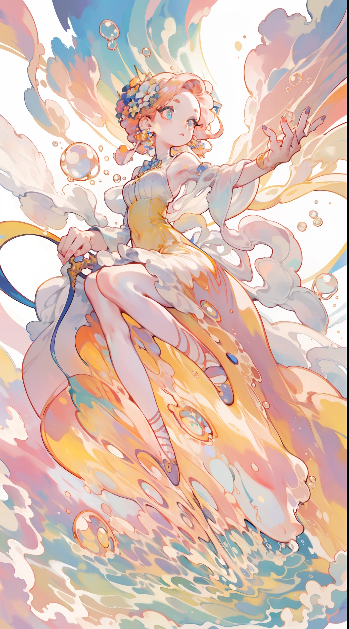 masterpiece, best quality, 8k resolution, sharp focus, intricate detail, beautiful girl, sparkling eyes, golden ratio face, otherworldly liquid, watercolor, warm colors, bright colors, whimsical, colorful, sharp focus, high resolution, fine detail, liquid ballgown, ((round eyes)), iridescent bubbles