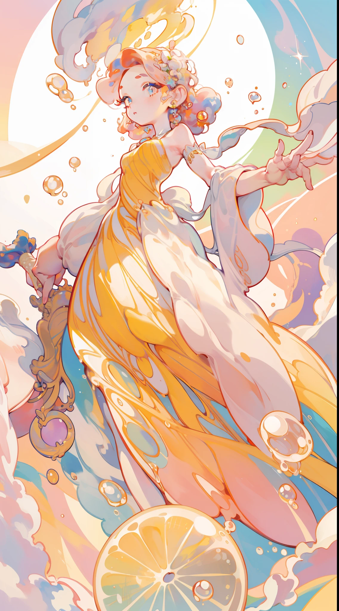 masterpiece, best quality, 8k resolution, sharp focus, intricate detail, beautiful girl, sparkling eyes, golden ratio face, otherworldly liquid, watercolor, warm colors, bright colors, whimsical, colorful, sharp focus, high resolution, fine detail, liquid ballgown, ((round eyes)), iridescent bubbles
