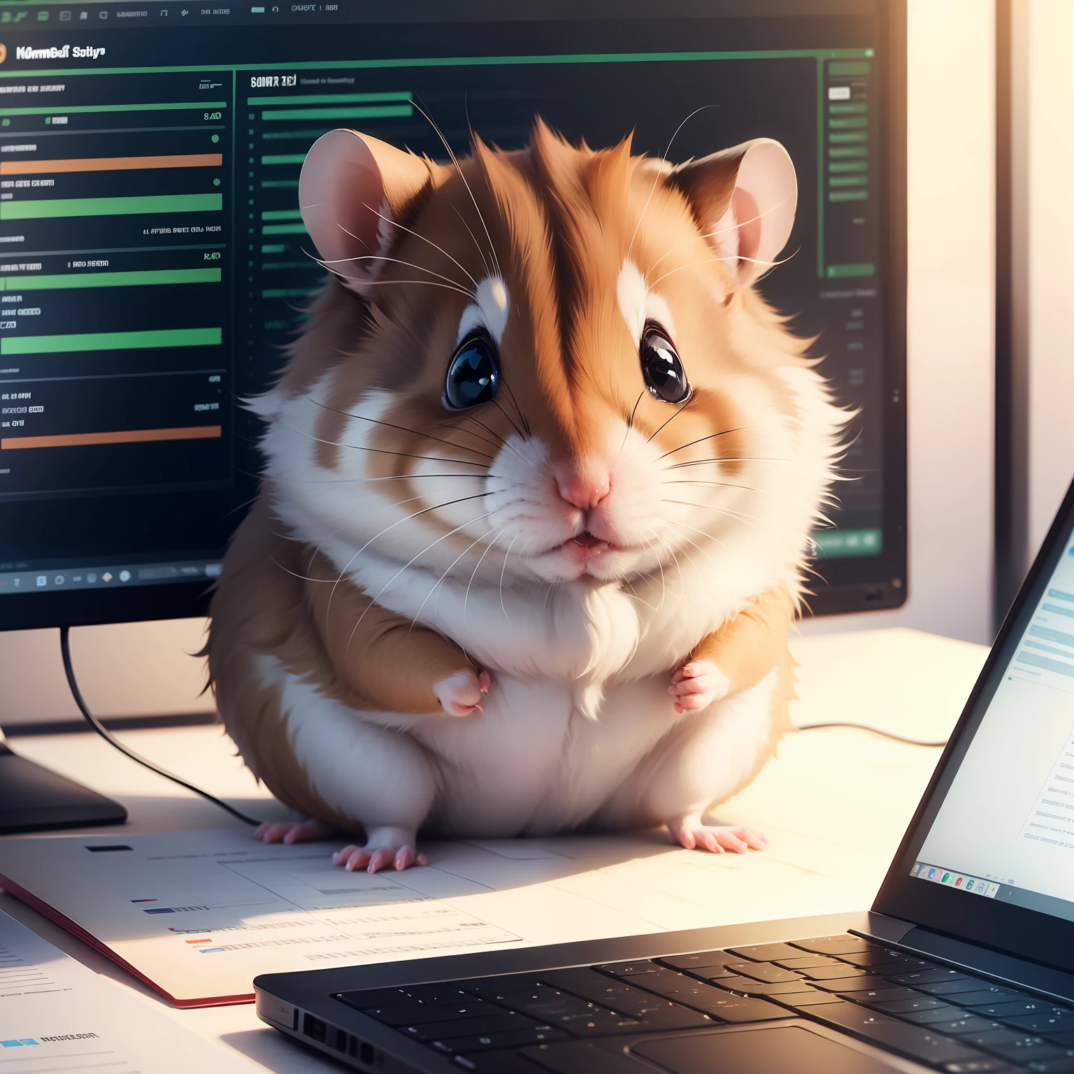 Hamster close-up, Sitting at the laptop, On the screen charts stock quotes