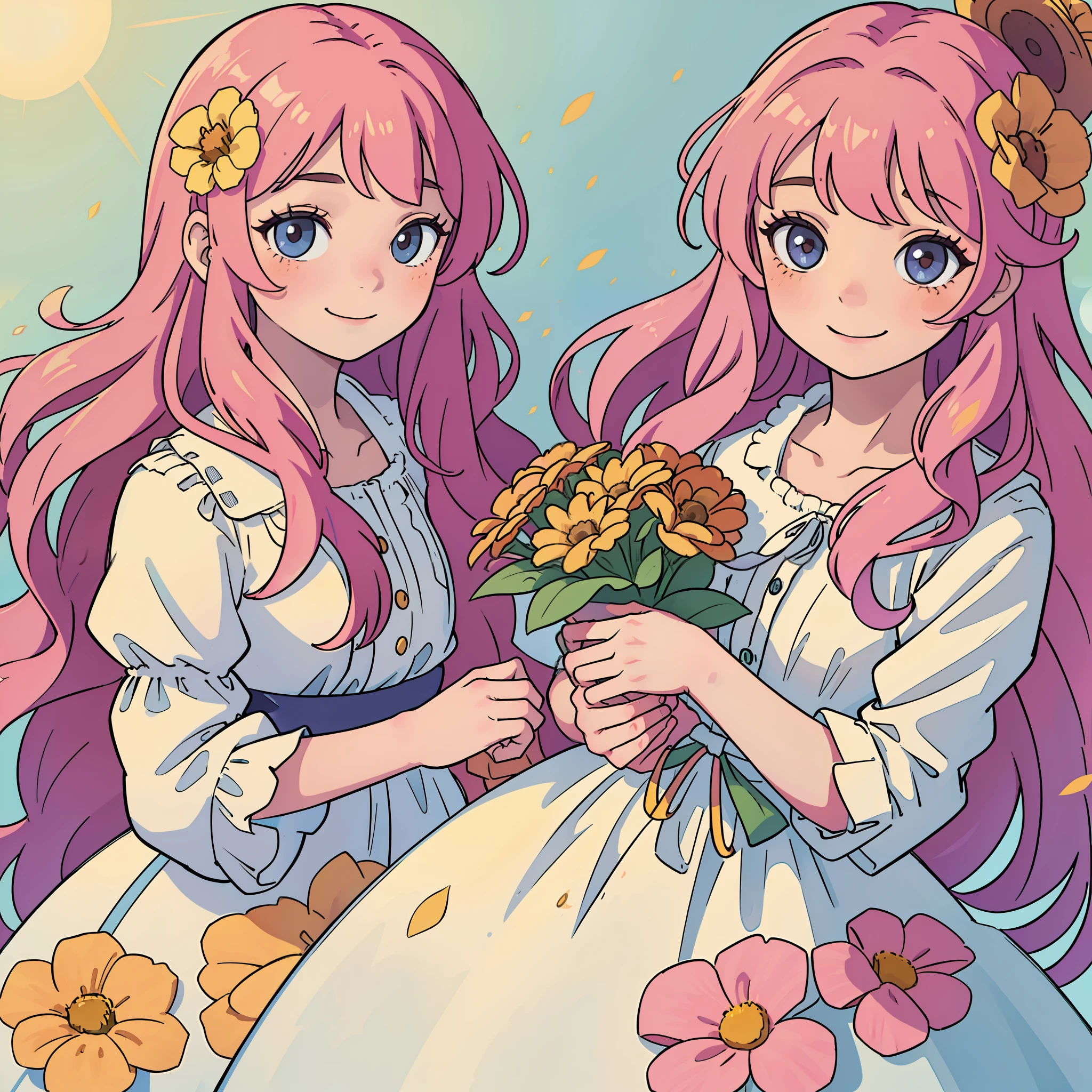 Portrait of a young girl, Upper body, Holding a bouquet of colorful flowers in his hand, looking happy, wavy and long hair, Wearing a floral dress, The warm sun shone on her face, Soft focus, Intricate details, Digital art