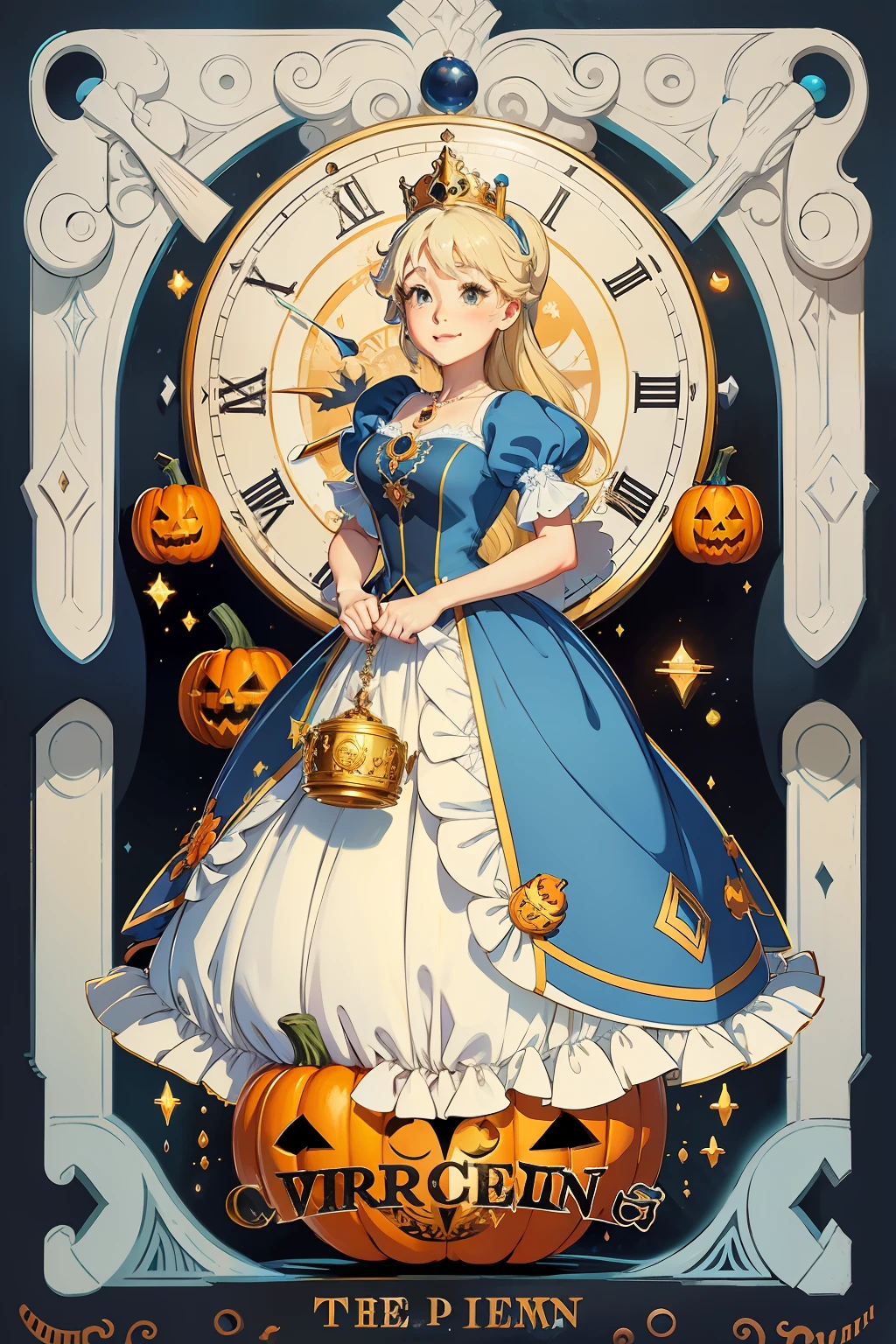 Cinderella points to 12 midnight in front of the broken pumpkin clock,Princess ceremony,ssmile,art in the style of disney, Disney 2D Traditional Animation High quality painting,Three-dimensional drawing,
