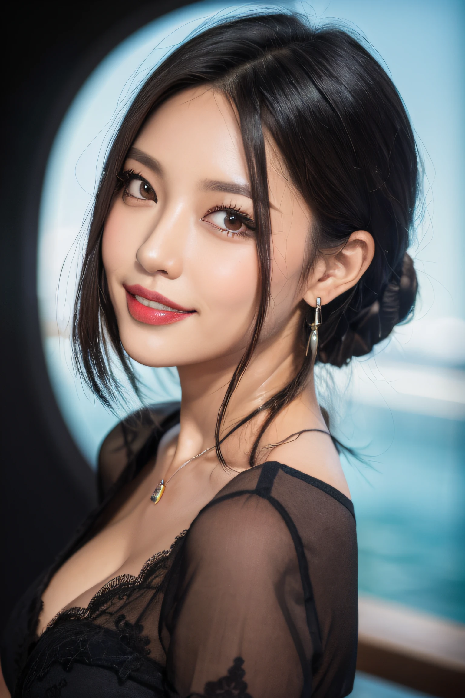 black hair, hair bobbles, longeyelashes, solid circle eyes, light smile, mole under eye, heart earrings, light smile, shy, puckered lips, Surrealism, drop shadow, stereogram, pov, atmospheric perspective, depth of field, first-person view, f/1.8, 8k, super detail, ccurate, best quality, highres, best quality,full body