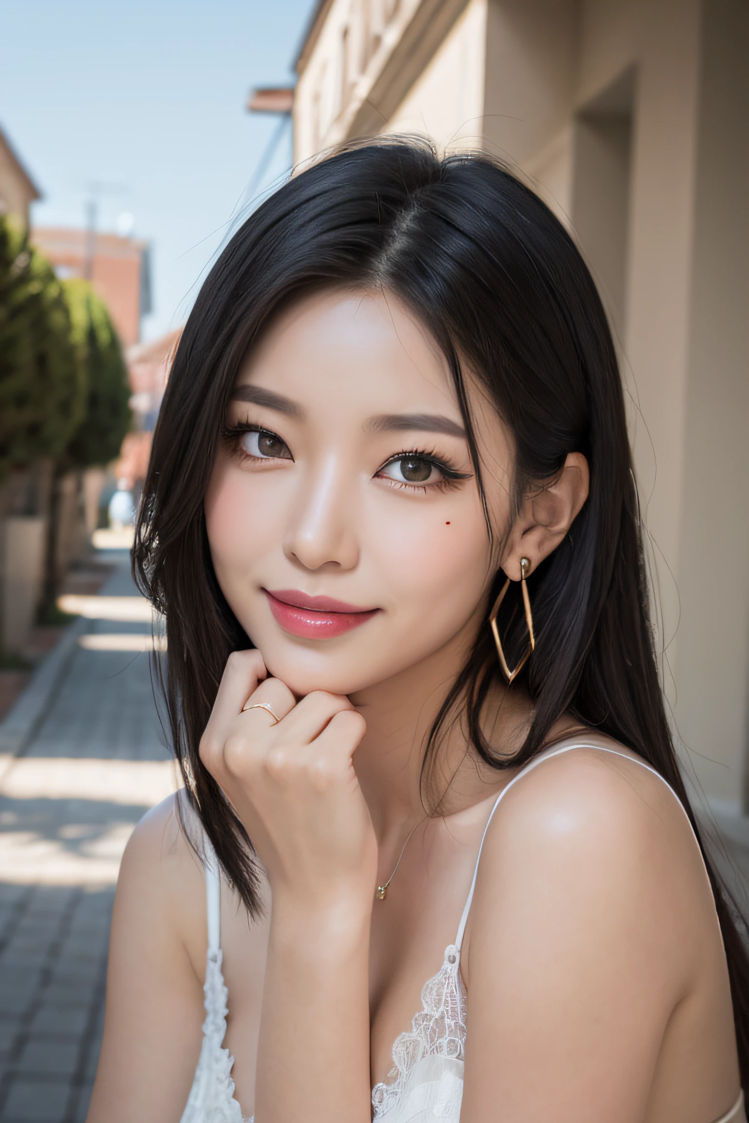 black hair, hair bobbles, longeyelashes, solid circle eyes, light smile, mole under eye, heart earrings, light smile, shy, puckered lips, Surrealism, drop shadow, stereogram, pov, atmospheric perspective, depth of field, first-person view, f/1.8, 8k, super detail, ccurate, best quality, highres, best quality,full body