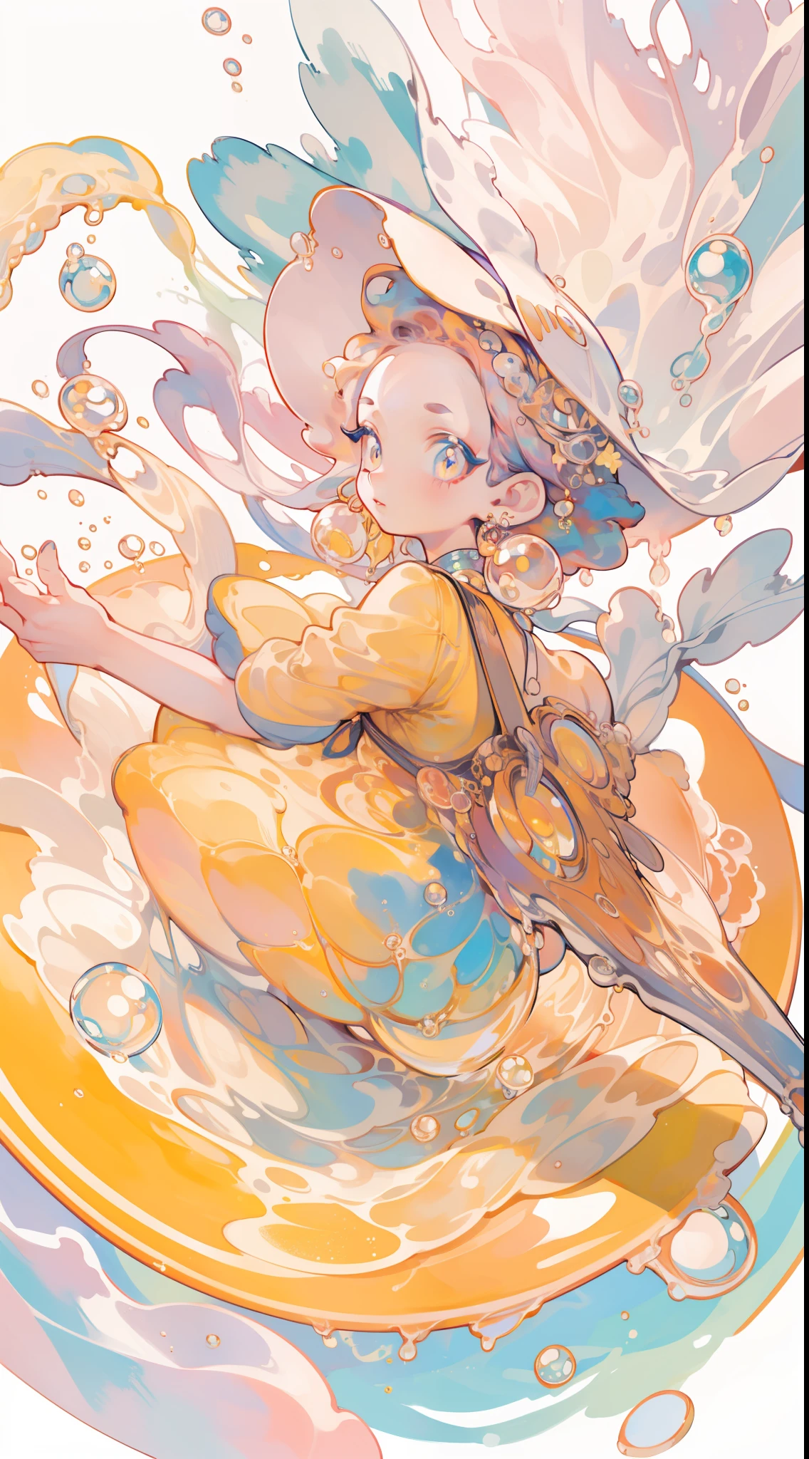 masterpiece, best quality, 8k resolution, sharp focus, intricate detail, beautiful girl, sparkling eyes, golden ratio face, otherworldly liquid, watercolor, warm colors, bright colors, whimsical, colorful, sharp focus, high resolution, fine detail, liquid ballgown, ((round eyes)), iridescent bubbles