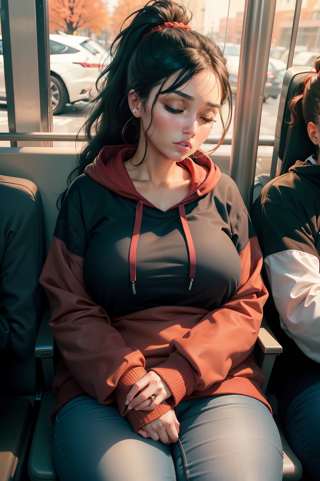 1 beautiful woman, large body, eyes closed, eyelids made up, ponytail, hair tied in a tail, neckline, RED SWEATSHIRT, BLACK JACKET OVER THE SWEATSHIRT, light blue jeans, black bag, hands crossed, asleep, asleep sitting up on the bus, mouth open.