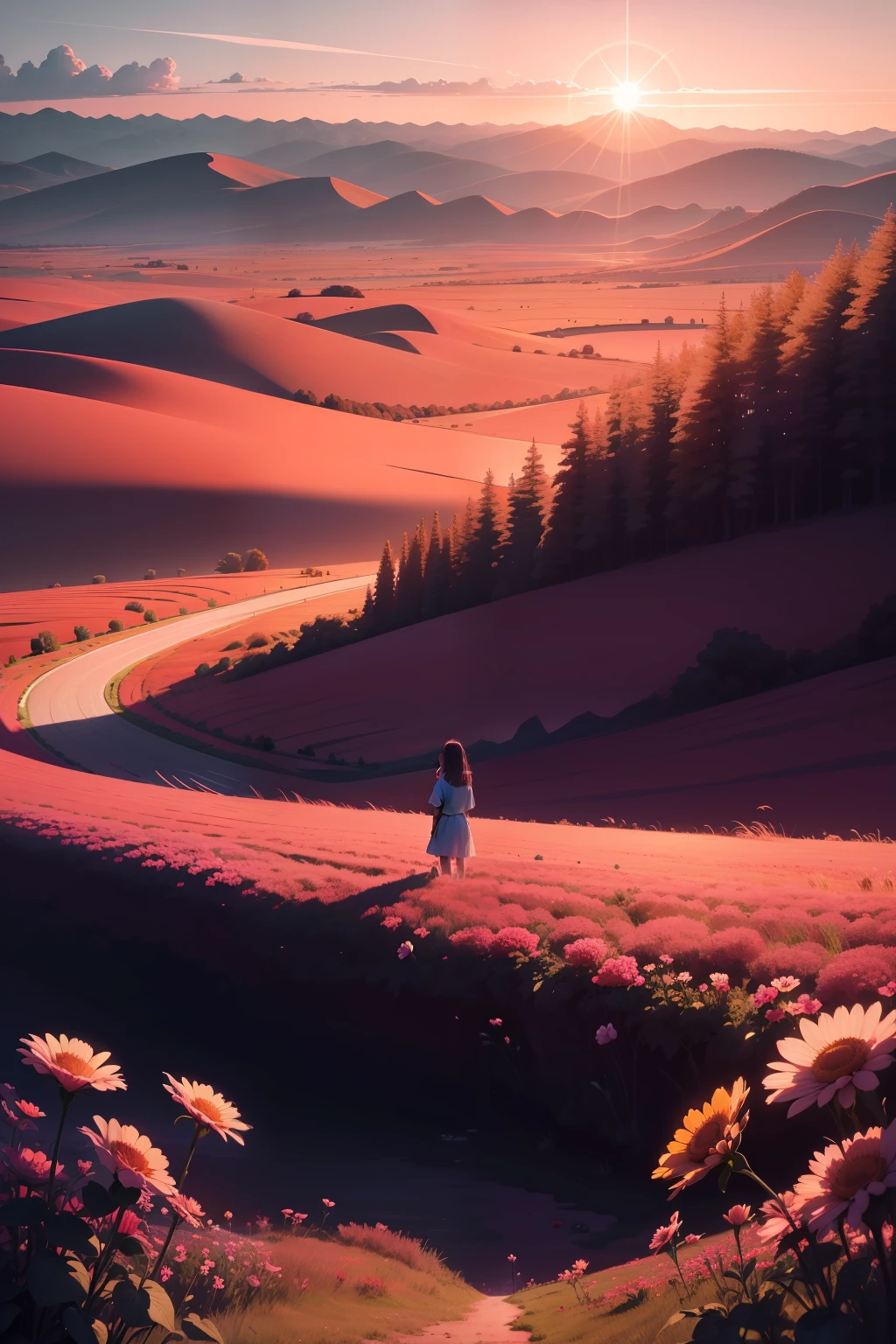 Uma paisagem de um lindo campo de rosas, retrato detalhado, complexidade intrincada, rule of thirds, sun sunset, tinta escura, luminescente, Artistic Station, arte conceitual, Arte Nova, Ilustrativos, Smooth and sharp focus Highly detailed, maximalista e realista.