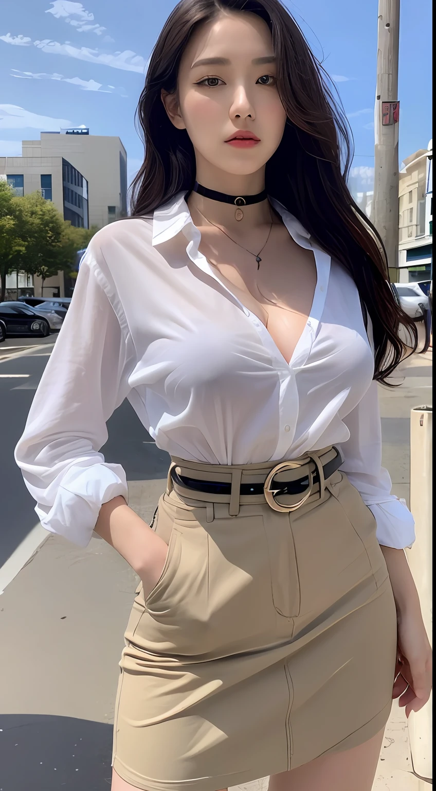 (top-quality、hight resolution、​masterpiece:1.3)、prety woman、Slender Abs、Black hair styled with loose waves、breastsout、White button-up shirt、a belt、a black skirt、(Modern architecture in background)、Details exquisitely rendered in the face and skin texture、A detailed eye、二重まぶた、a black choker、Colossal tits