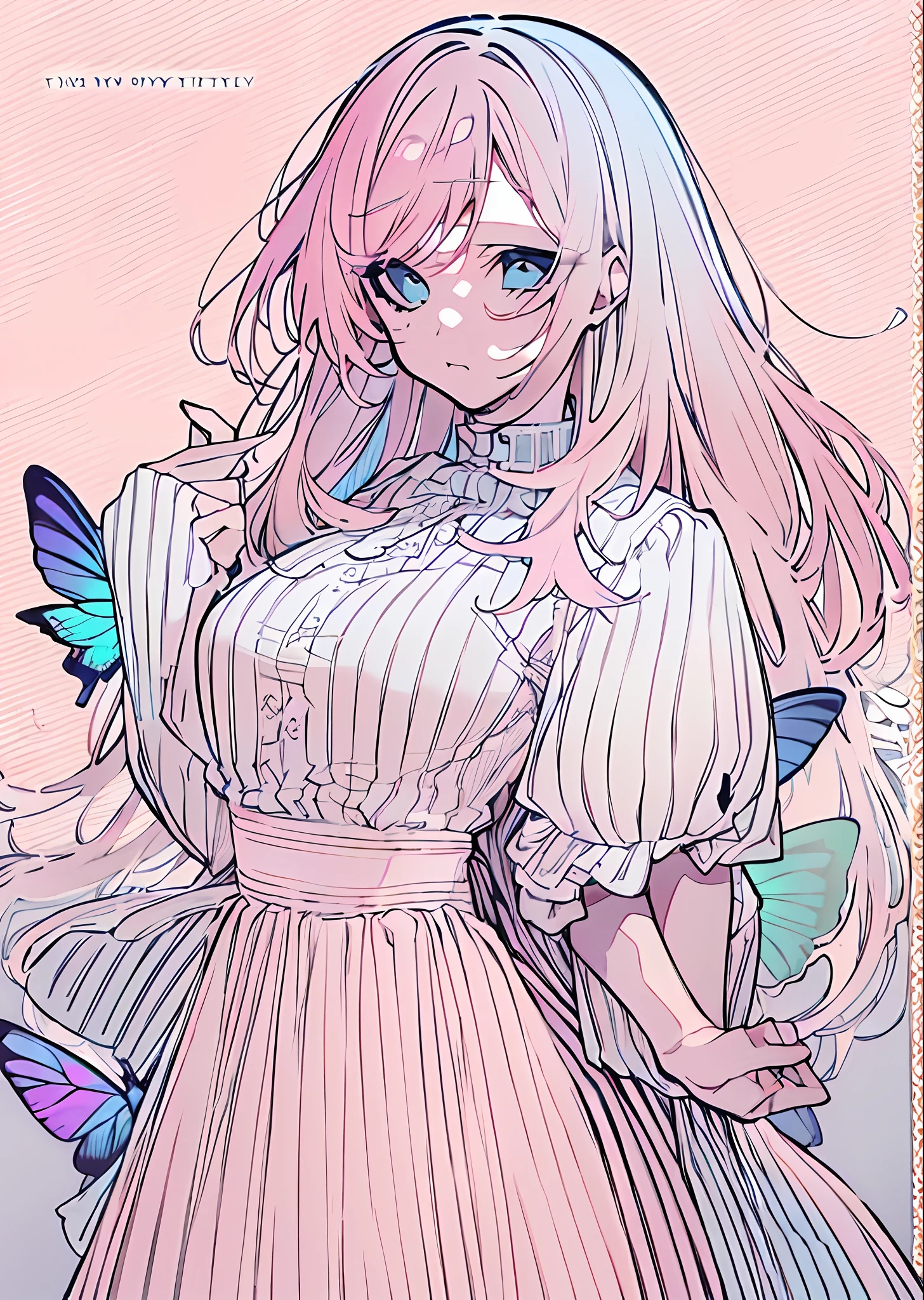 (tmasterpiece,best qualtiy,独奏,long whitr hair,Looking at you,By bangs,minimalistic background,longer sleeves,white dresses,Cover the hair of the eyes,Light blue eyes,Keep your mouth shut,Mono Color,The upper part of the body,pastel pink dress,baby pink hair,frilld,Puffy sleeves,finger nails,butterflys,Big high school girl,Put your hands behind you,pink back ground)