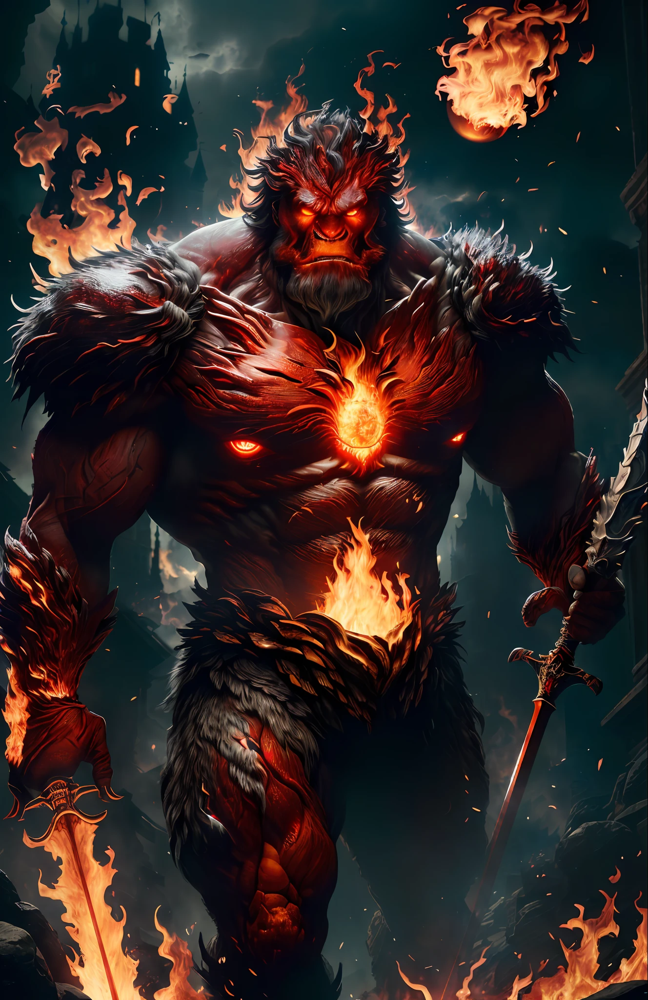 (8k, RAW photo, best quality, masterpiece:1.2), (realistic, photo-realistic:1.37), octane render, ultra high res, ultra-detailed ,professional lighting, photon mapping, radiosity, physically-based rendering, ue5, ((earth giant monster)), ((red glowing ember on giant's body)), ((red eyes)), ((holding flaming sword)), ((burning castle)), ((flaming wings))